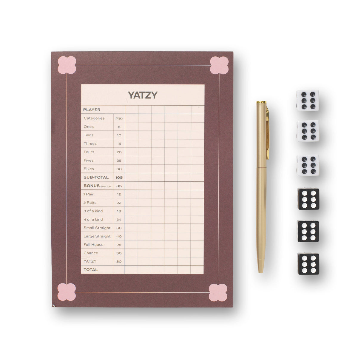 Papier Yatzy Game in brown and blush clover print keepsake box