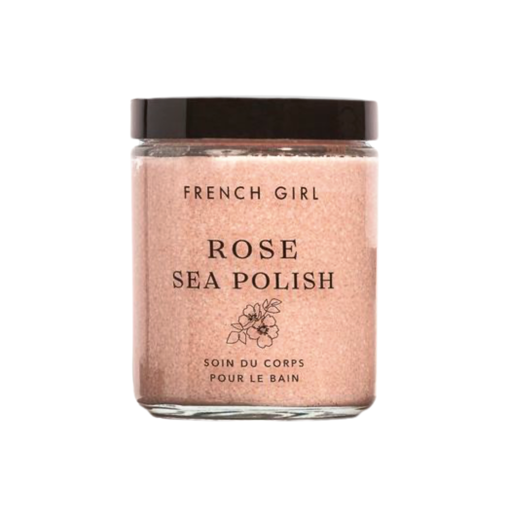 French Girl Rose Body Polish gently exfoliates with sea salt and organic sugar while nourishing oils leave skin soft, smooth and beautifully scented.
