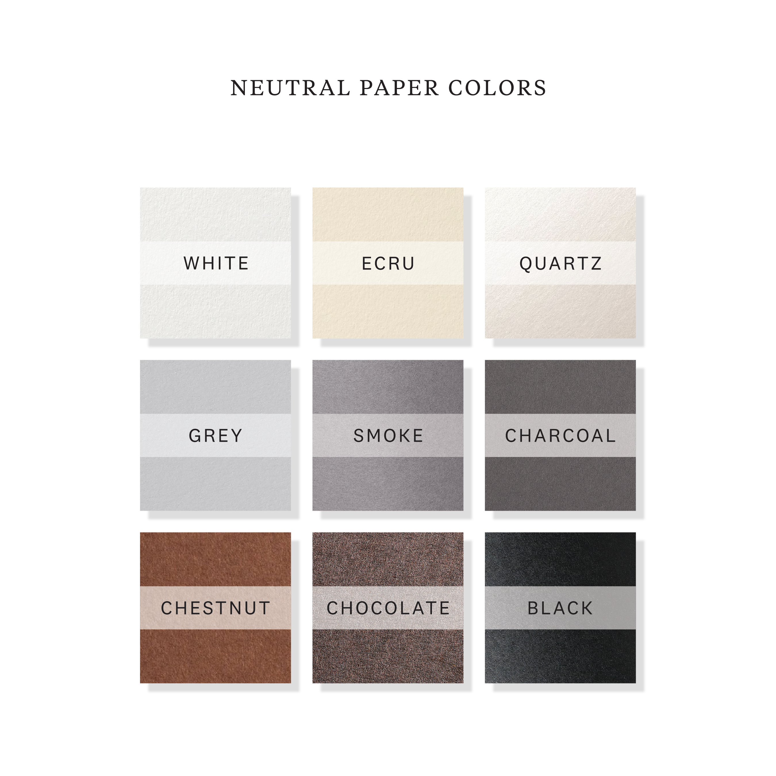 Neutral paper color options for engraved gift tags showing available paper choices in white, ecru, quartz, grey, smoke, charcoal, chestnut, chocolate, and black.