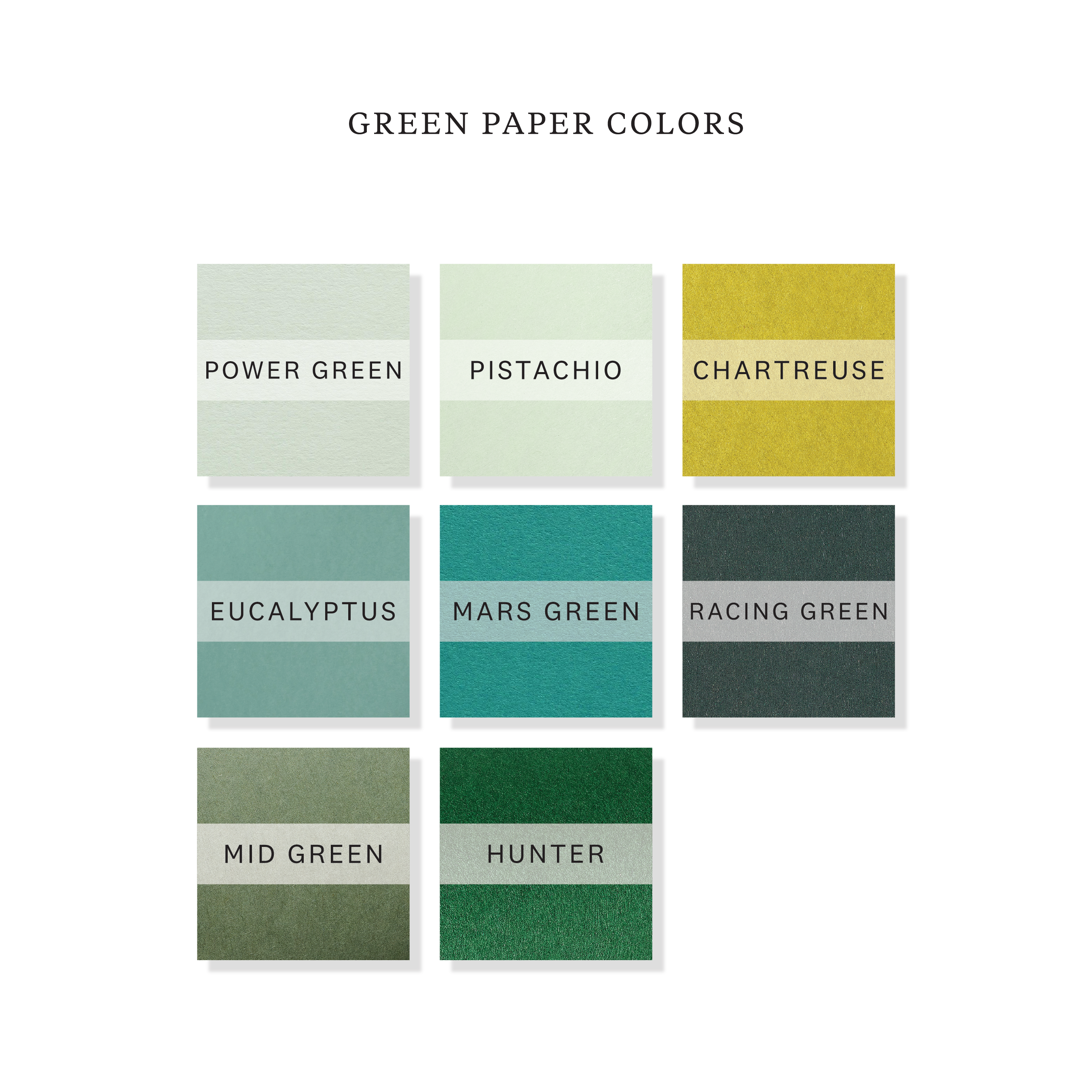 Green paper color options for engraved gift tags showing powder green, pistachio, chartreuse, eucalyptus, mars green, racing green, mid green, and hunter paper choices.