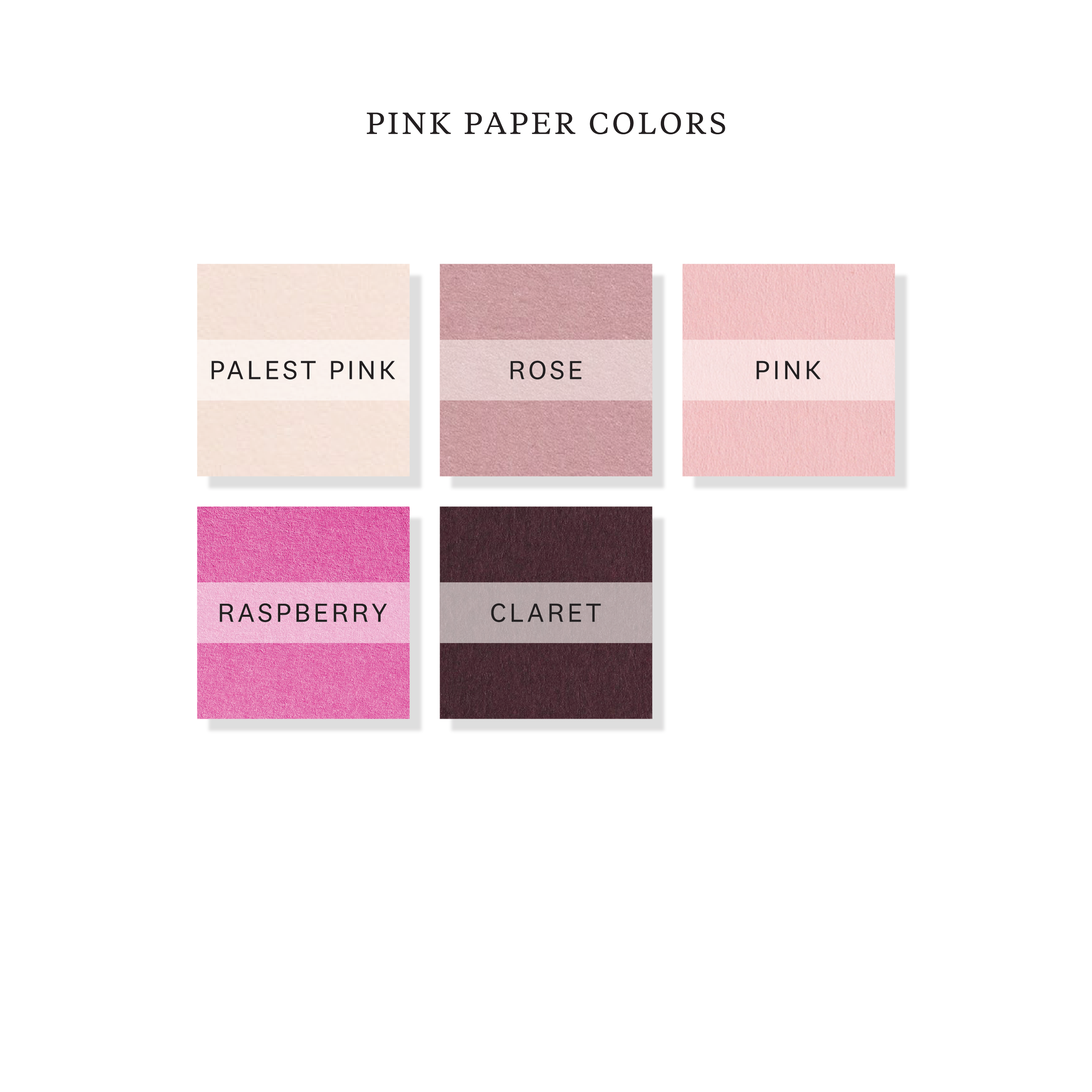 Pink paper color options for engraved gift tags showing palest pink, rose, pink, raspberry, and claret paper choices.