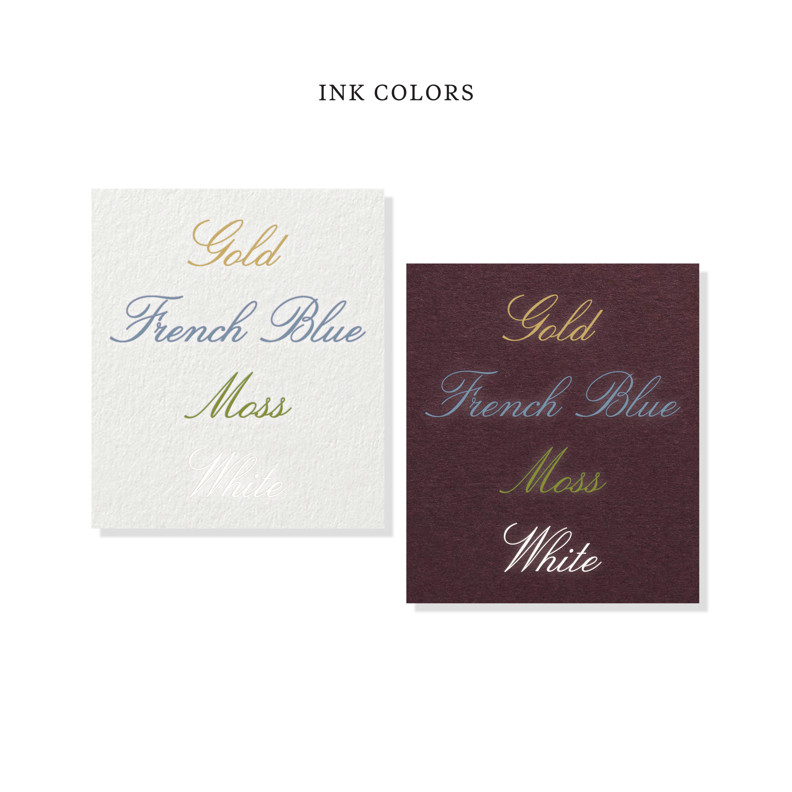 Engraved gift tag ink color samples showing gold, French blue, moss, and white ink on light and dark paper.