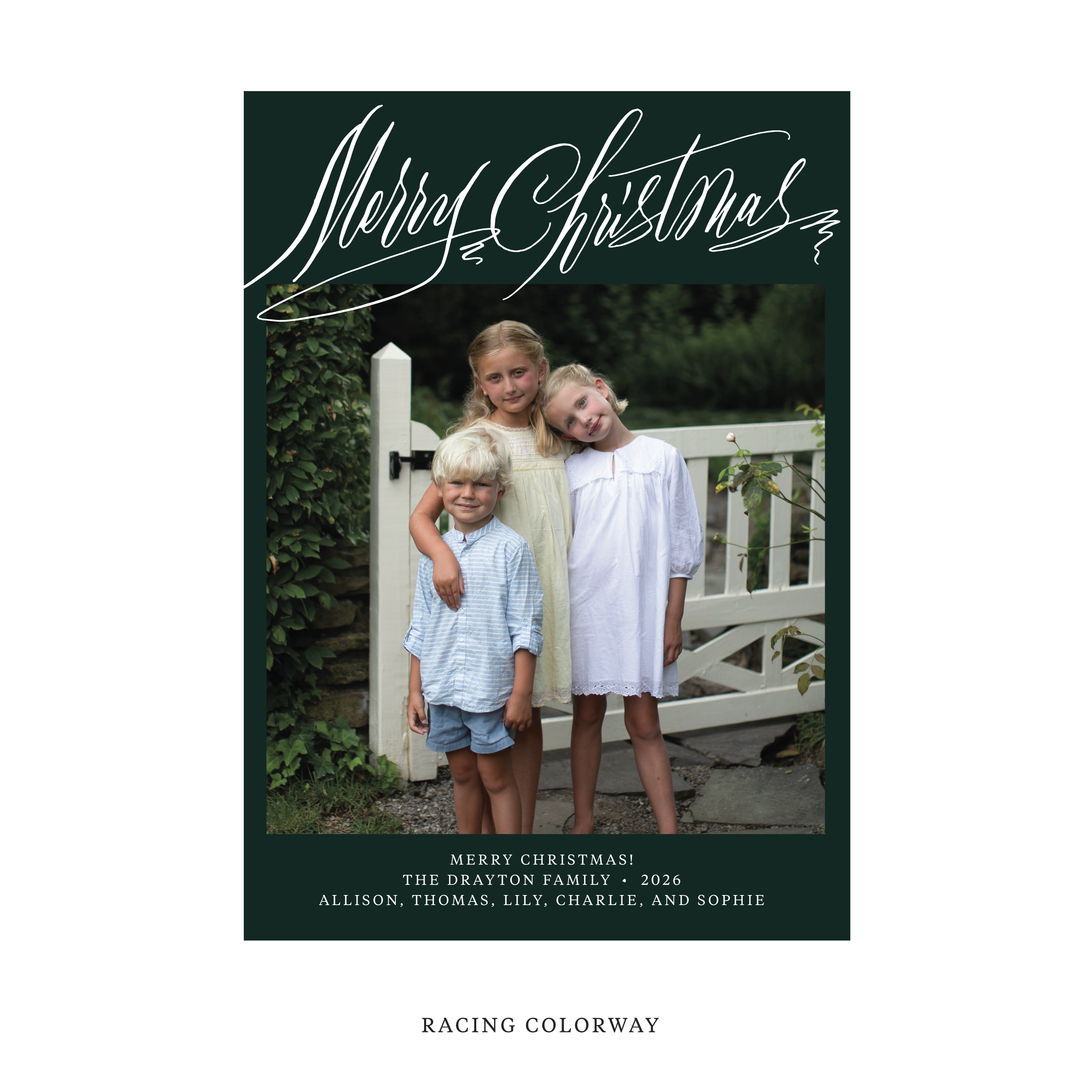 Celebrate the season with the Aldridge Merry Christmas Holiday Card by Stovall Collection. Featuring original hand-lettered artwork, this luxury personalized photo mount holiday card is available in 22 thoughtfully curated flat printing colorways.