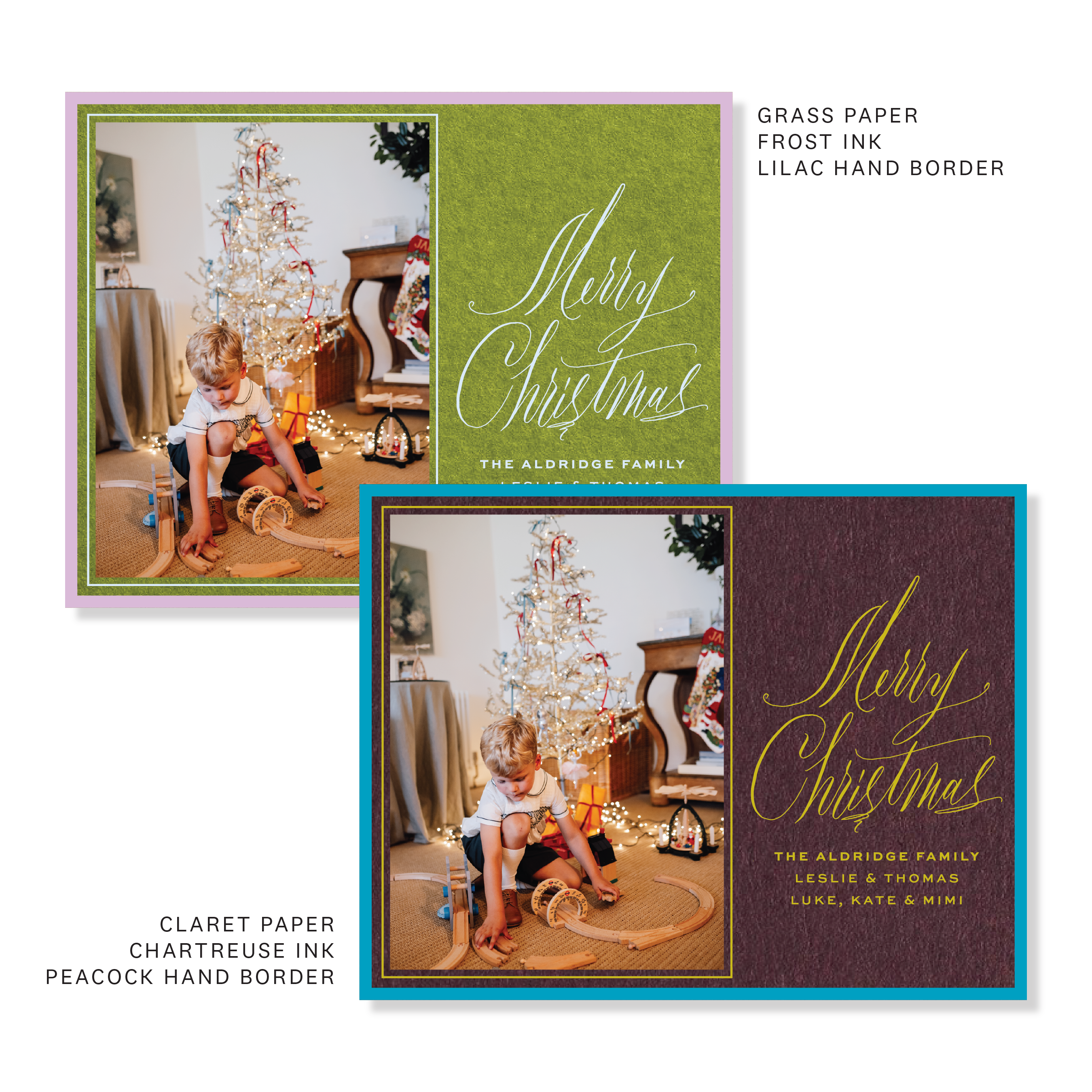 Aldridge Engraved Christmas Photo Card featuring a family photograph beside hand-lettered “Merry Christmas” calligraphy on a rich red background with personalized family names.