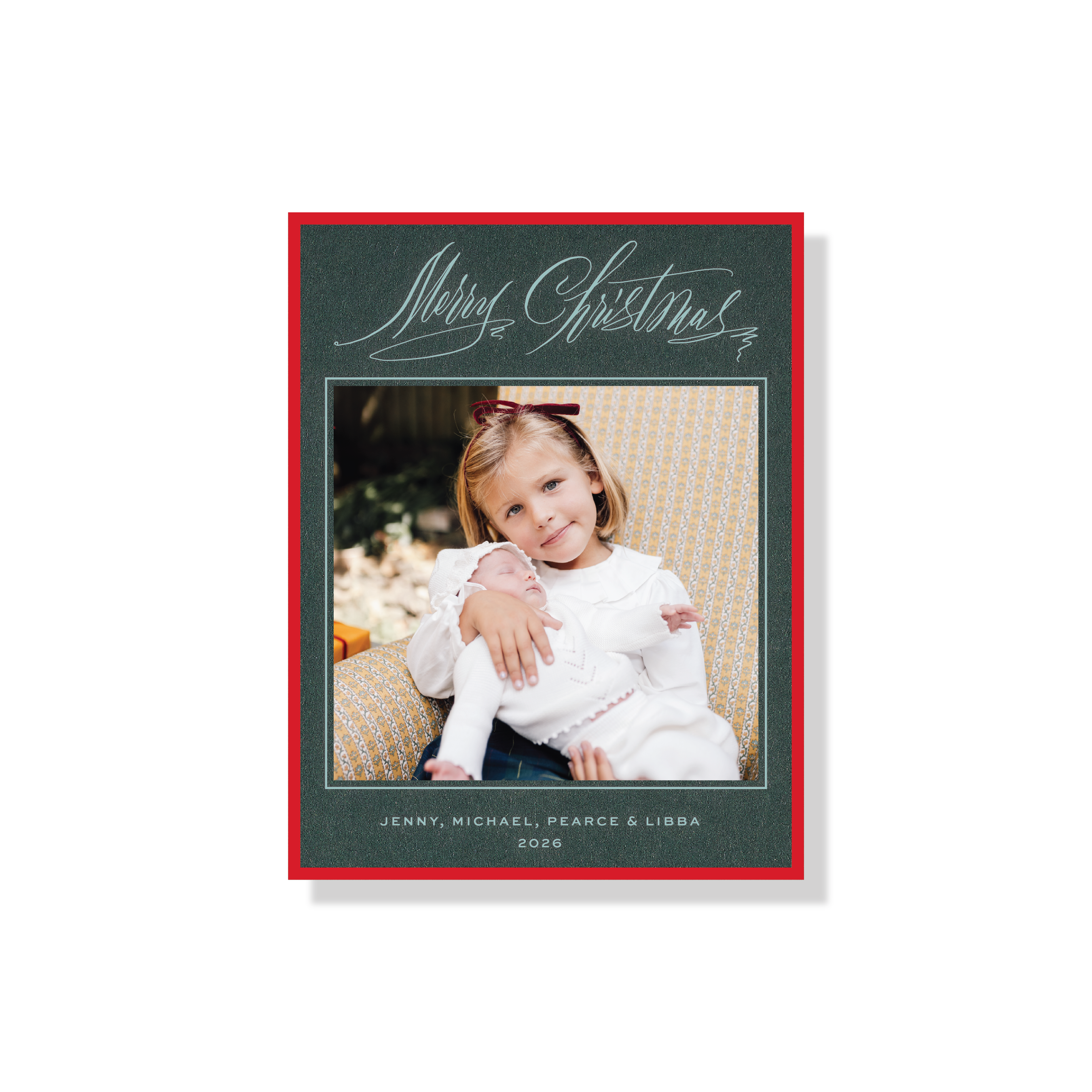 Aldridge Engraved Photo Card, featuring family holiday photos framed in burgundy and teal with elegant engraved “Merry Christmas” calligraphy and personalized family names.