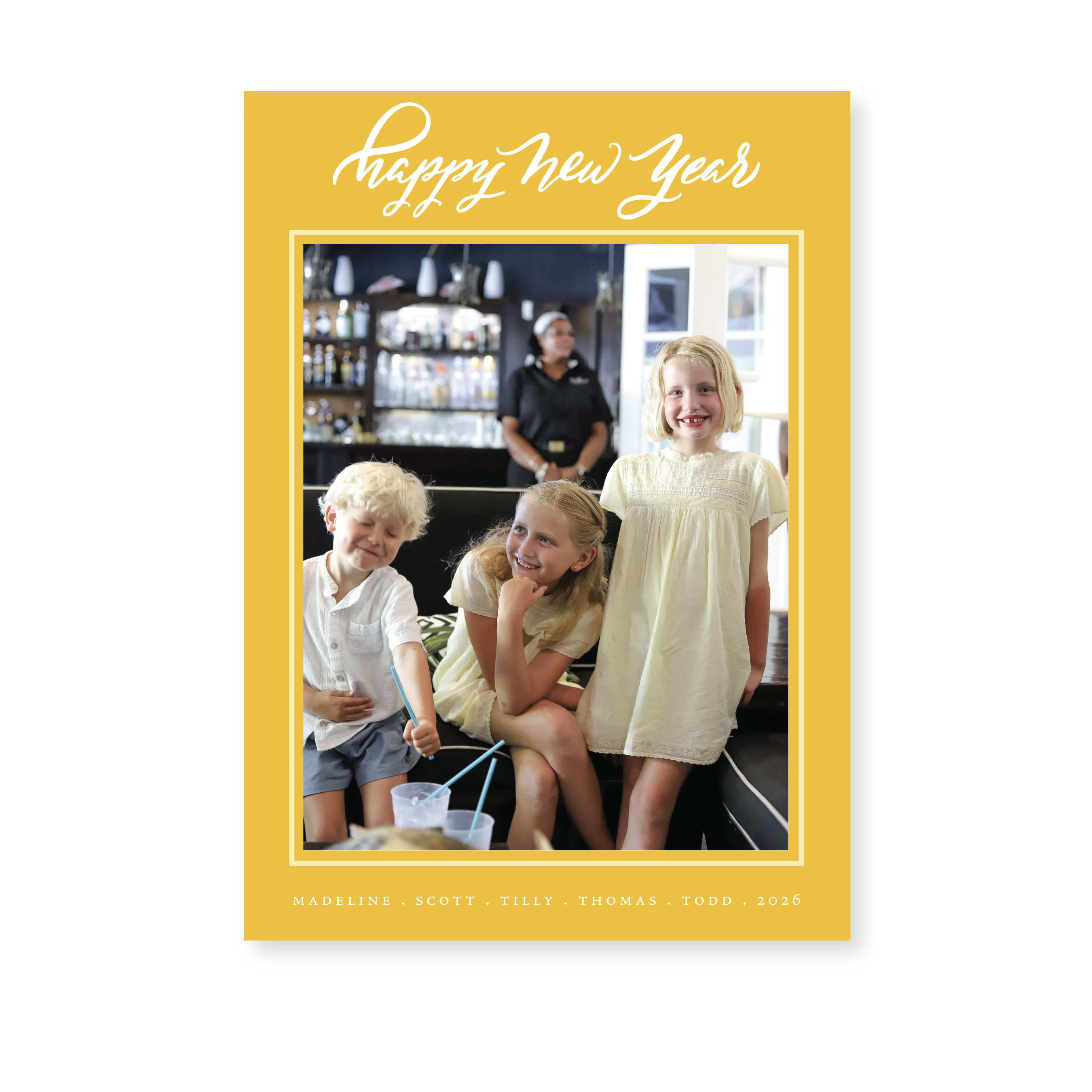 Ashborn Classic Flat Print Happy New Year photo mount card featuring original hand-lettered artwork by Stovall Collection.