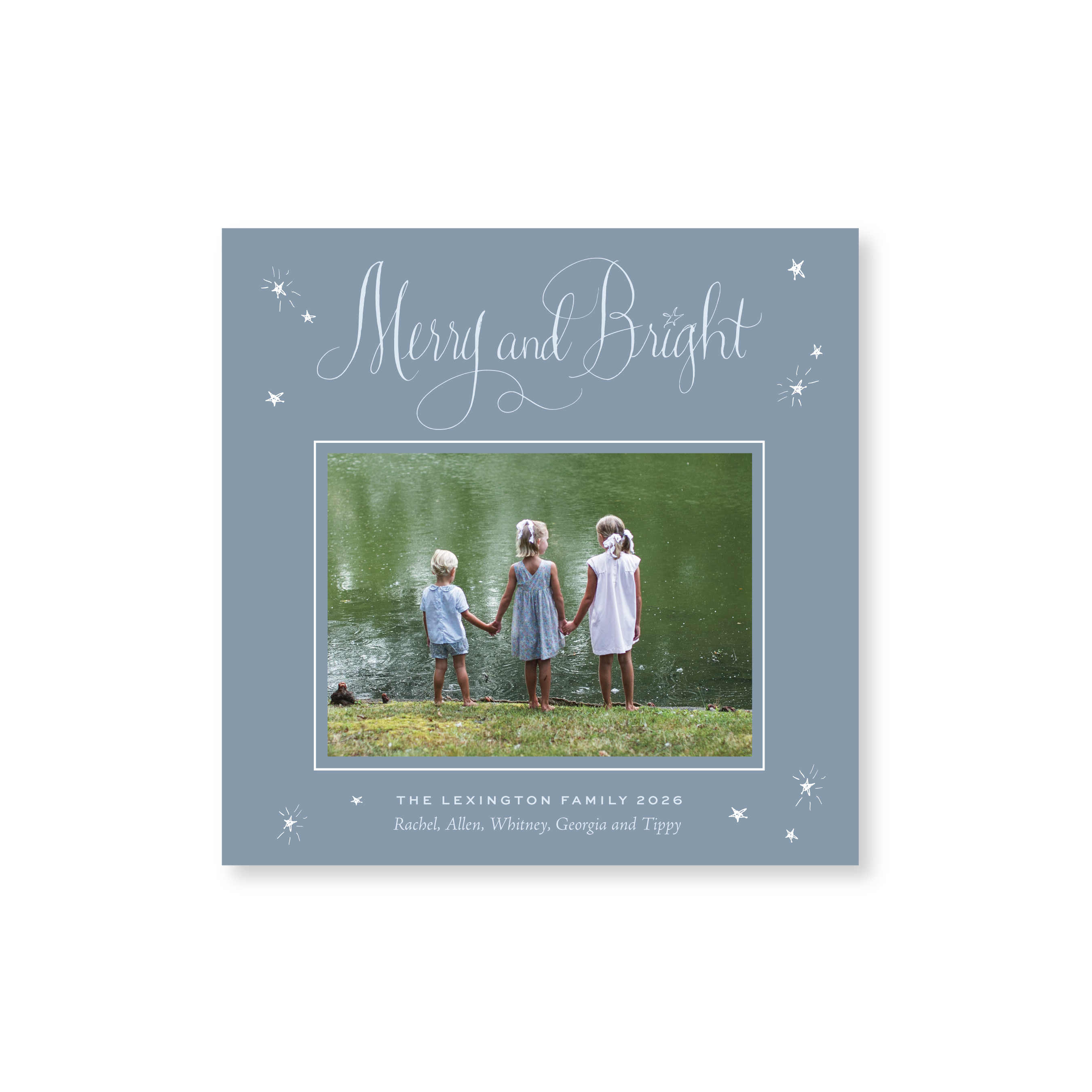 Aurora Classic Flat Print Merry and Bright photo holiday card featuring original pen-and-ink artwork by Stovall Collection.