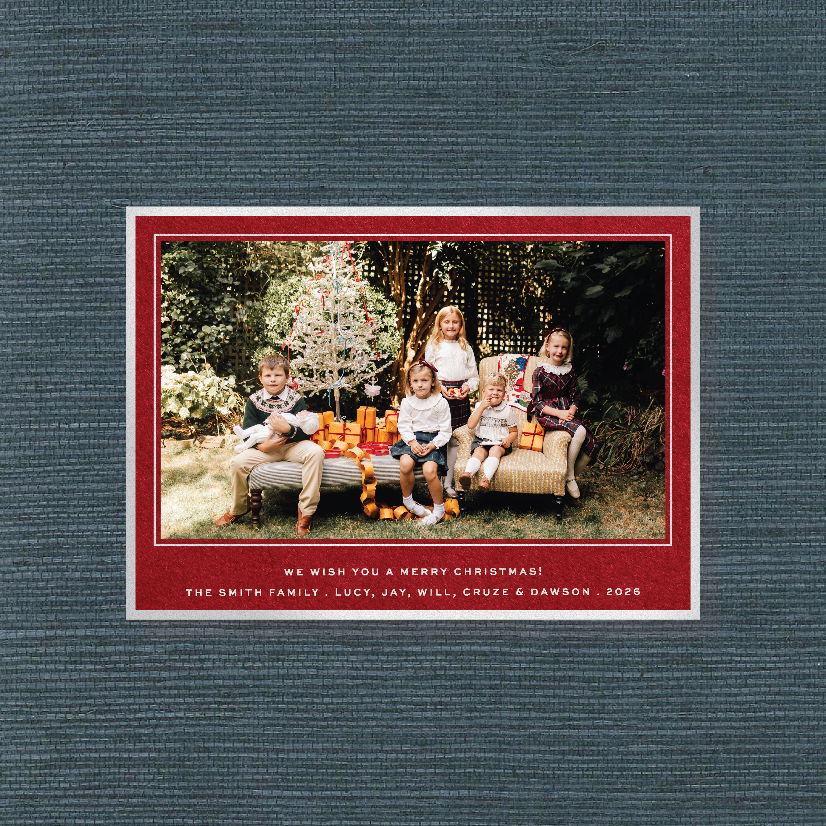 Personalized Balfour Engraved Holiday Photo Card featuring a hand-mounted photograph and elegant, raised engraved lettering.
