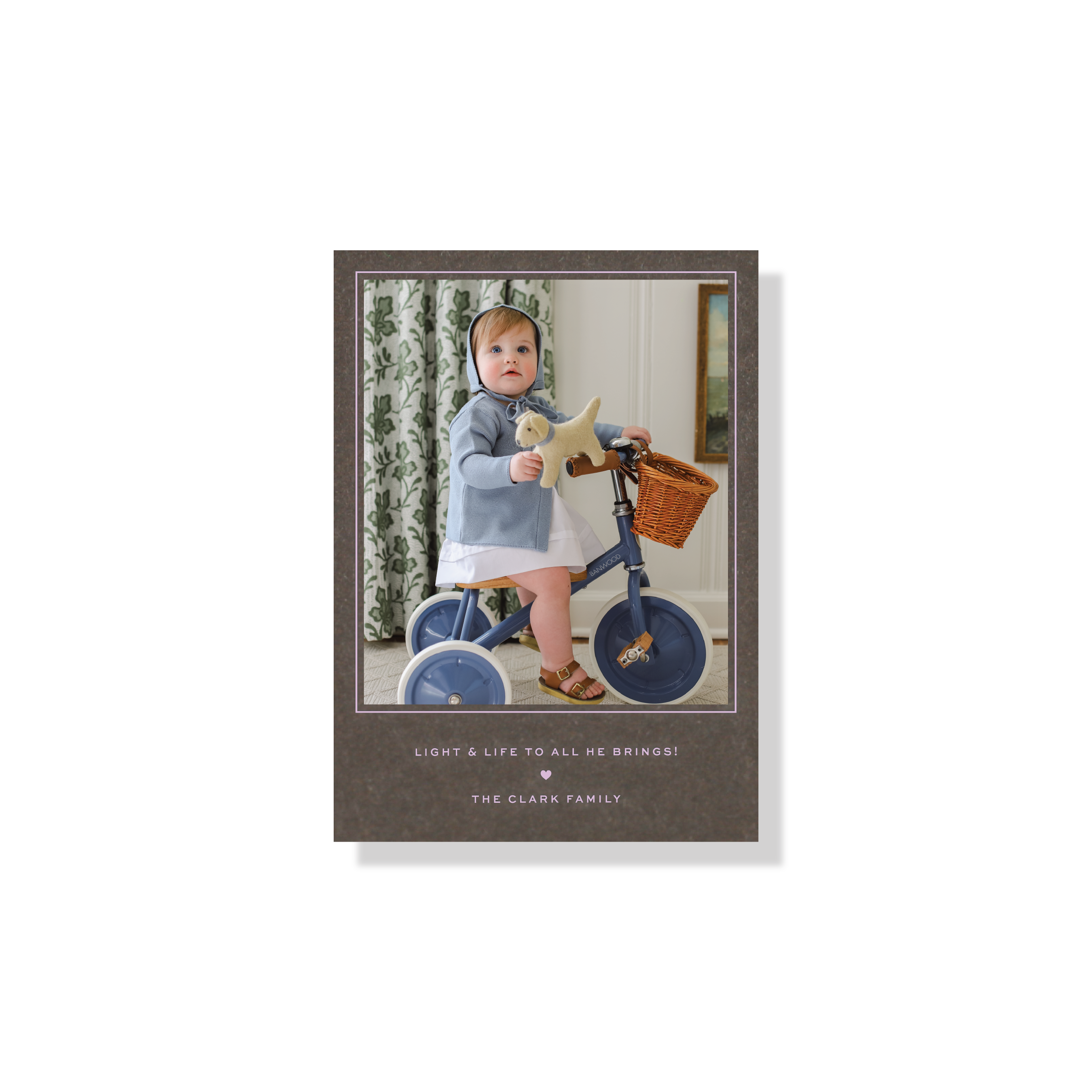 Balfour Engraved Holiday Card featuring a hand-mounted family photo, classic typography, and personalized Christmas greeting.