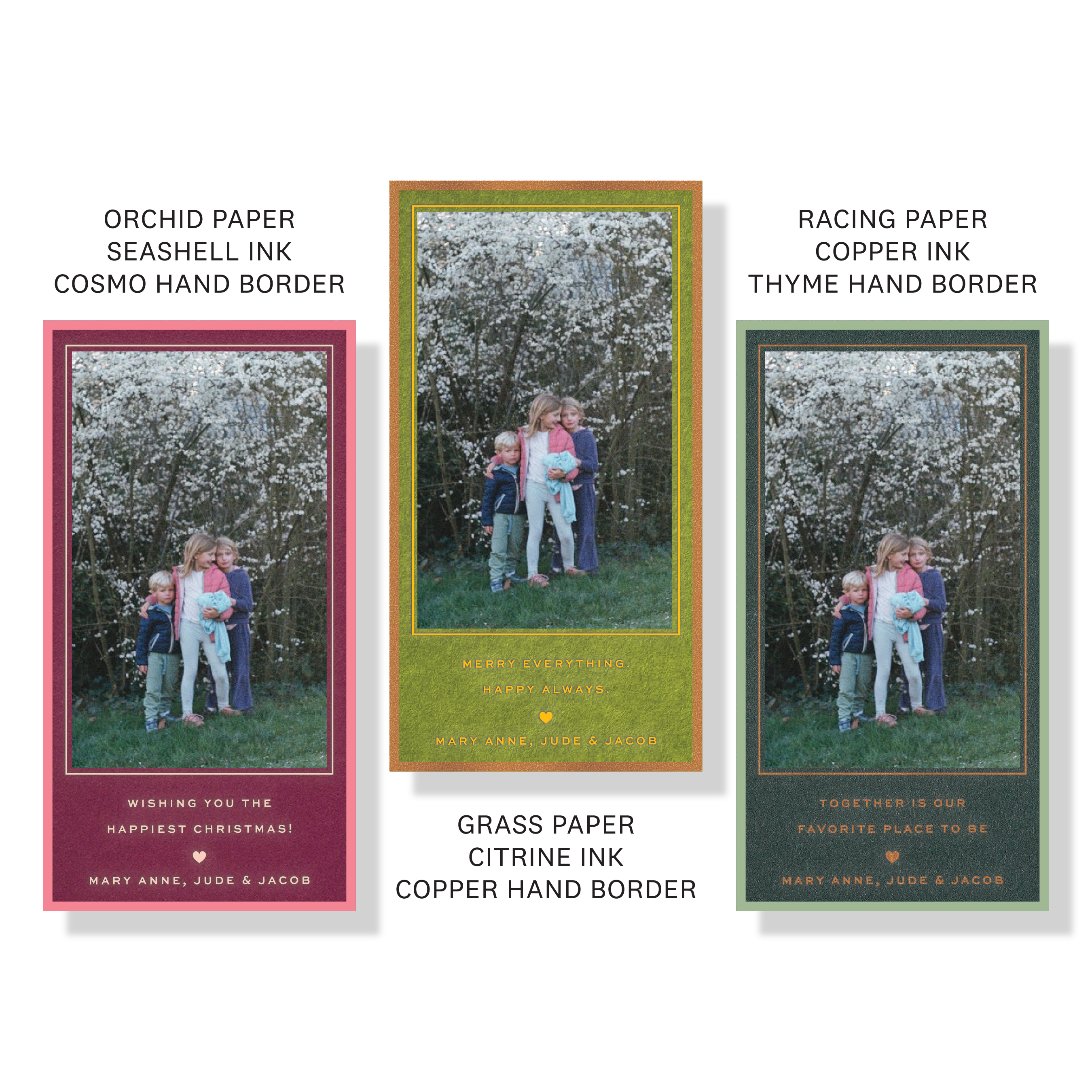 Balfour personalized engraved holiday card featuring a hand-mounted family photograph and timeless Christmas typography.