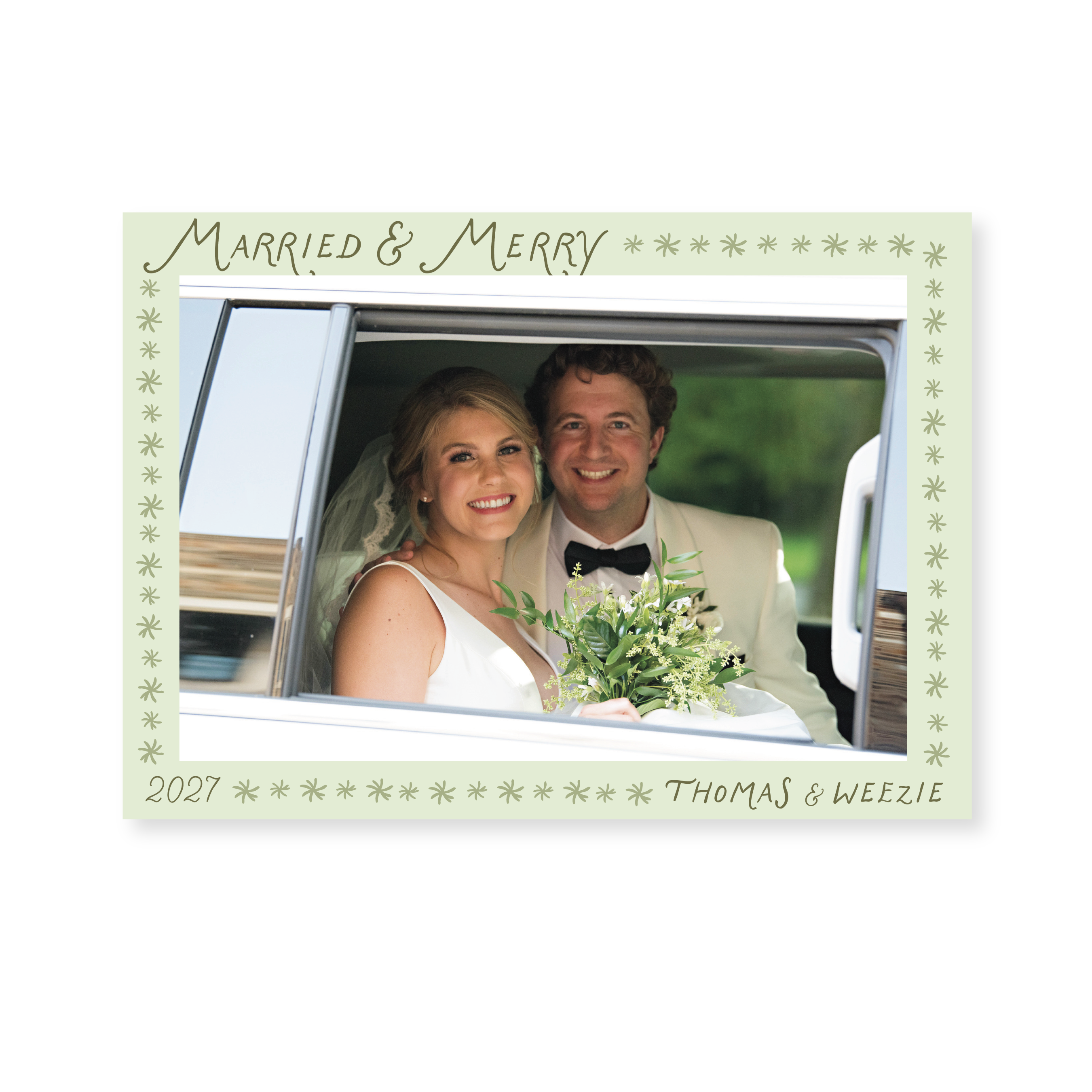 Beauchamp Married & Merry personalized newlywed holiday card featuring handwritten-inspired typography and oversized photograph by Stovall Collection.