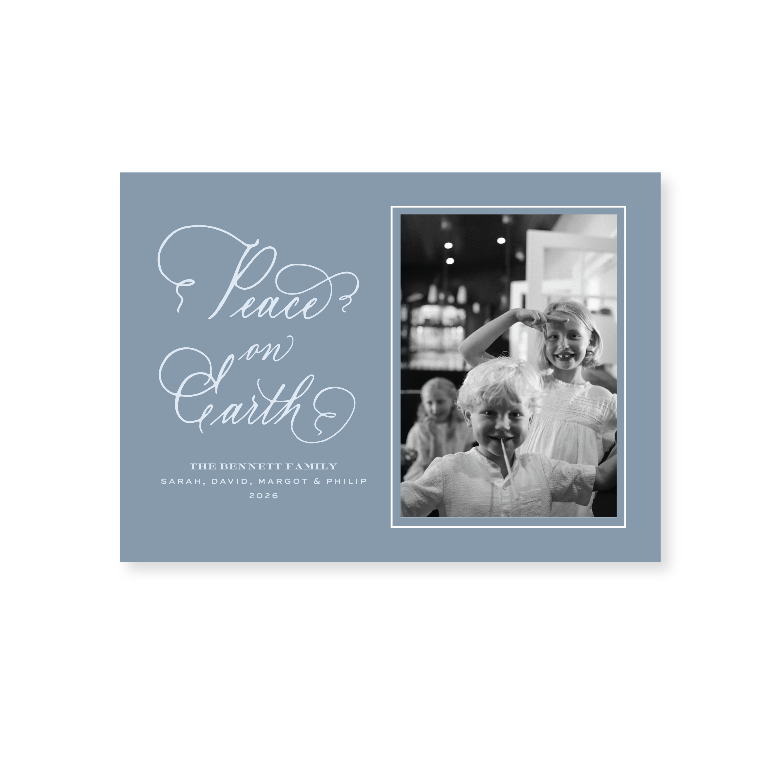 Bennett Classic Flat Print Peace on Earth photo mount holiday card featuring original hand-lettered artwork by Stovall Collection.