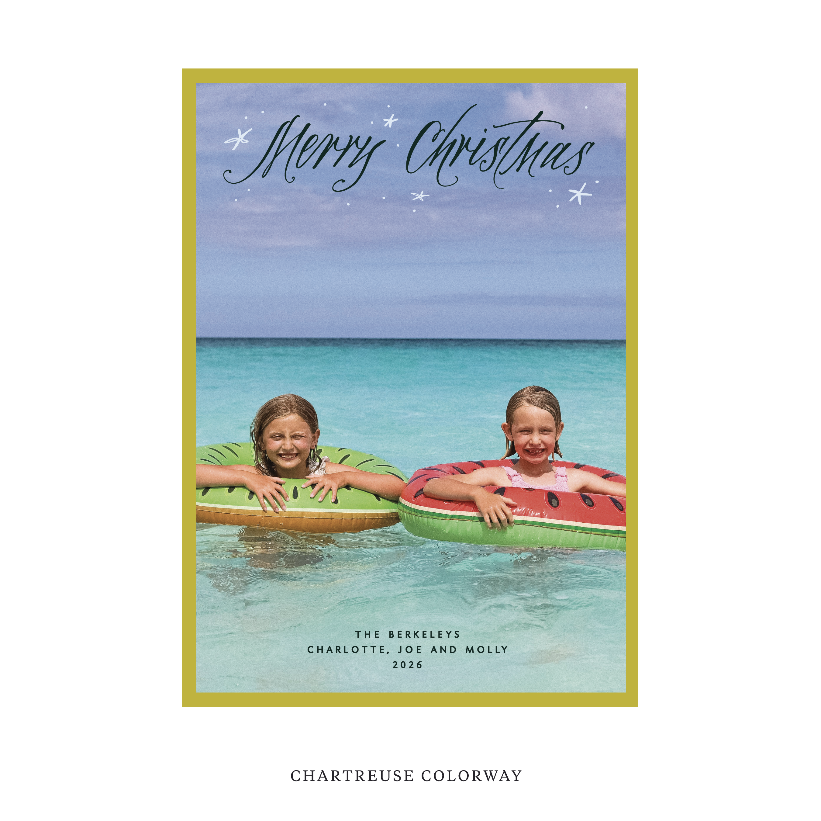Celebrate the season with the Berkeley "Merry Christmas" Holiday Card by Stovall Collection. Featuring original hand-lettered artwork, this luxury personalized photo mount holiday card is available in 22 thoughtfully curated flat printing colorways.