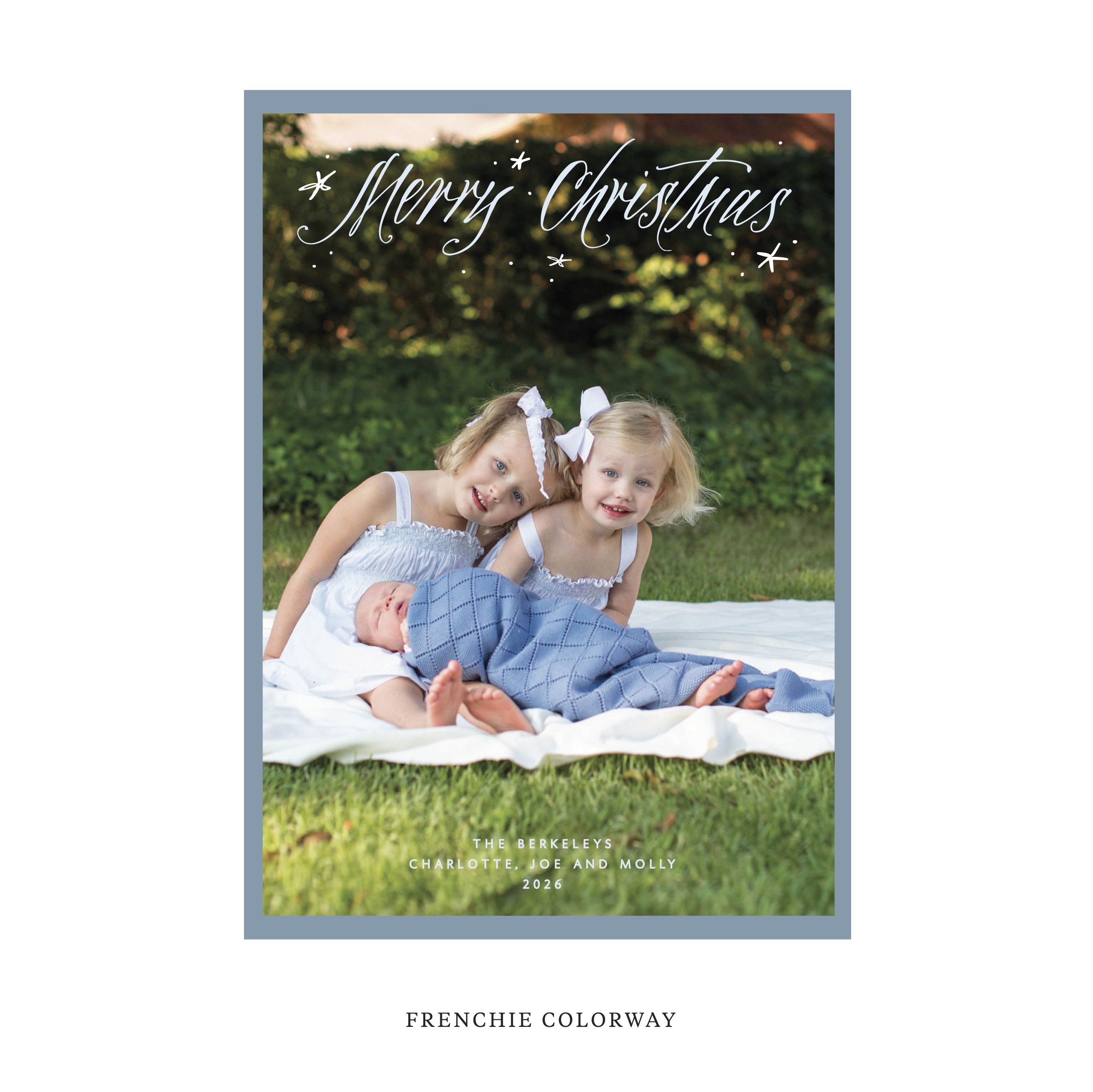 Celebrate the season with the Berkeley "Merry Christmas" Holiday Card by Stovall Collection. Featuring original hand-lettered artwork, this luxury personalized photo mount holiday card is available in 22 thoughtfully curated flat printing colorways.