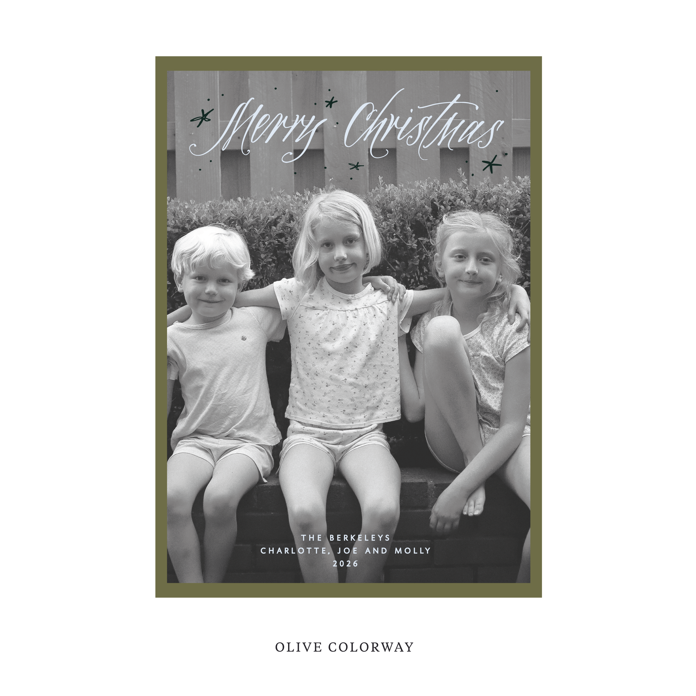 Celebrate the season with the Berkeley "Merry Christmas" Holiday Card by Stovall Collection. Featuring original hand-lettered artwork, this luxury personalized photo mount holiday card is available in 22 thoughtfully curated flat printing colorways.
