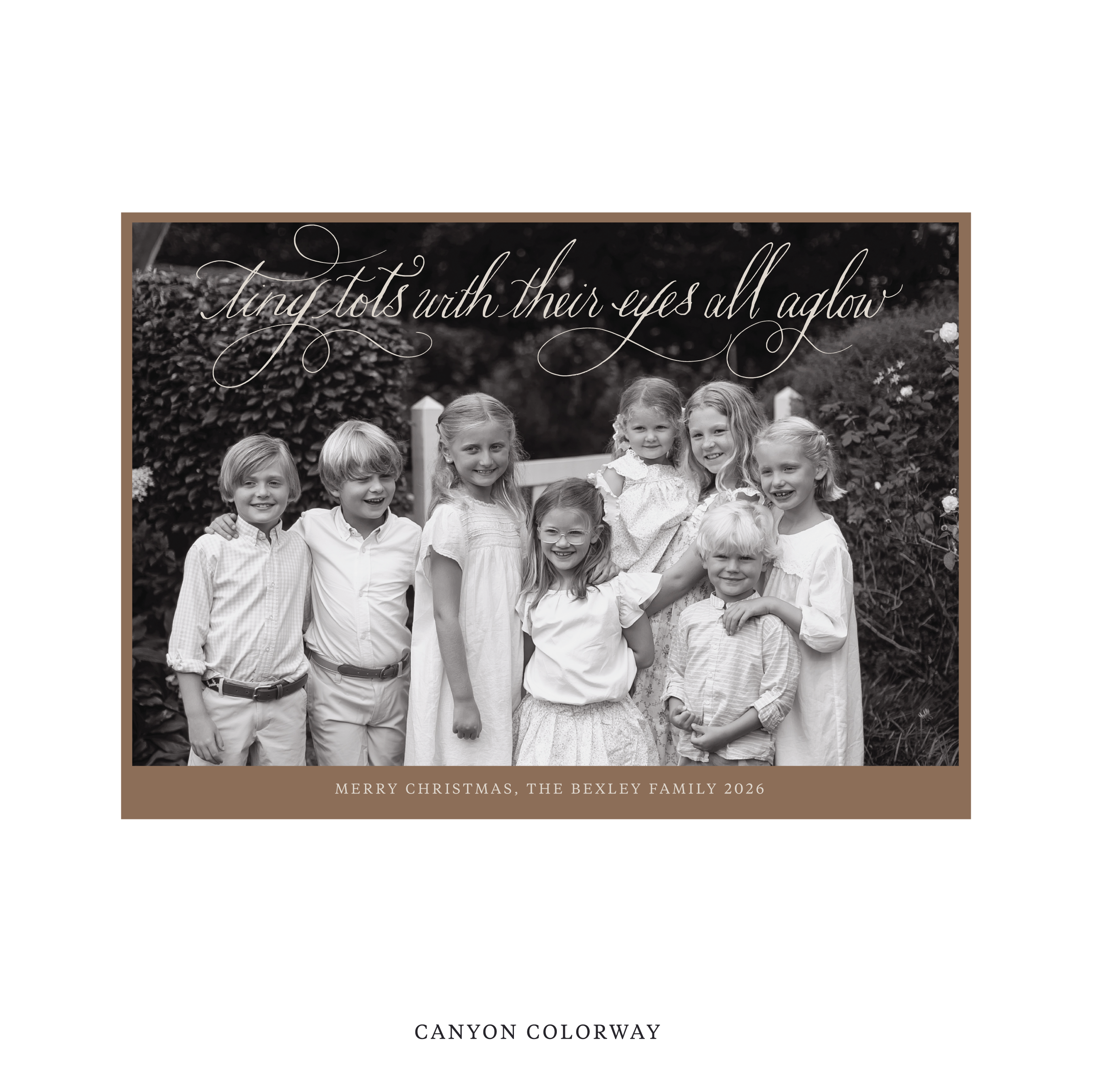 Celebrate the season with the Bexley "Tiny Tots with Their Eyes All Aglow" Holiday Card by Stovall Collection. Featuring original hand-lettered artwork, this luxury personalized photo mount holiday card is available in 22 thoughtfully curated flat printing colorways.