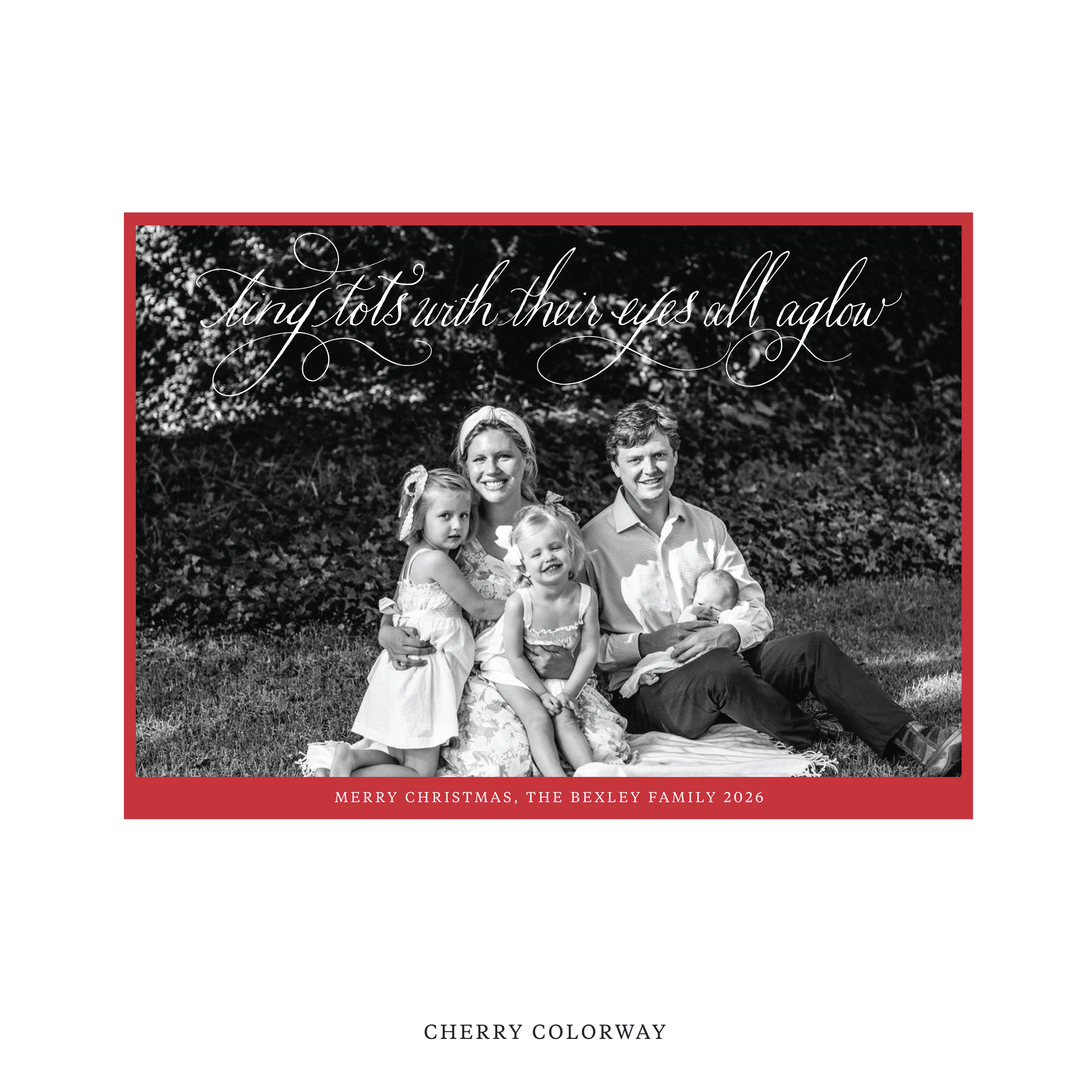 Celebrate the season with the Bexley "Tiny Tots with Their Eyes All Aglow" Holiday Card by Stovall Collection. Featuring original hand-lettered artwork, this luxury personalized photo mount holiday card is available in 22 thoughtfully curated flat printing colorways.