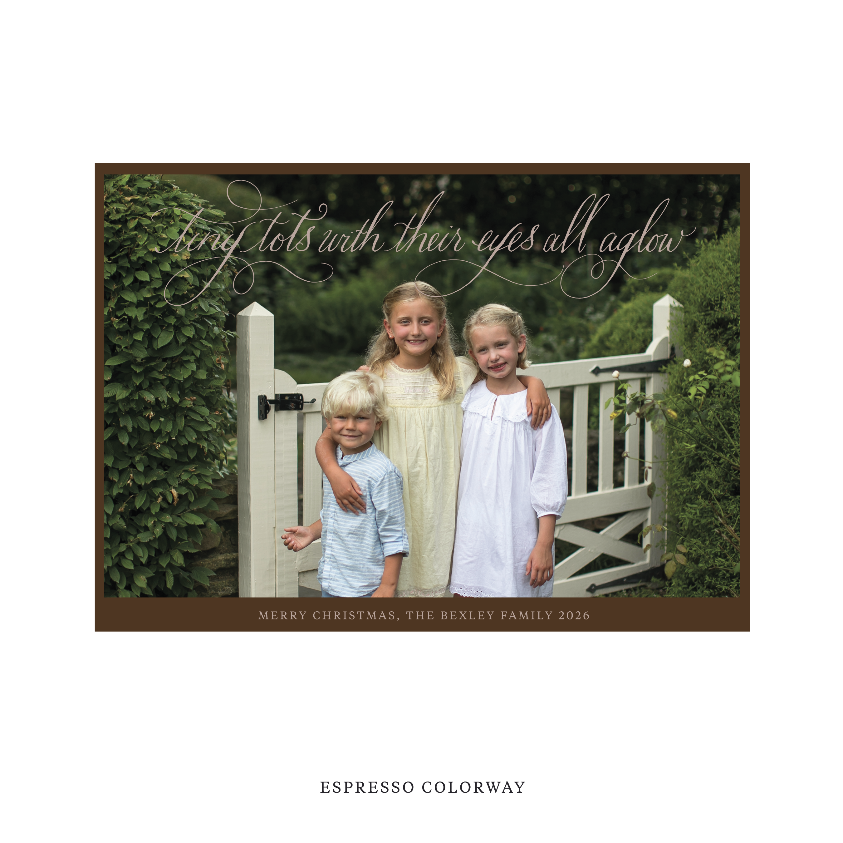Celebrate the season with the Bexley "Tiny Tots with Their Eyes All Aglow" Holiday Card by Stovall Collection. Featuring original hand-lettered artwork, this luxury personalized photo mount holiday card is available in 22 thoughtfully curated flat printing colorways.