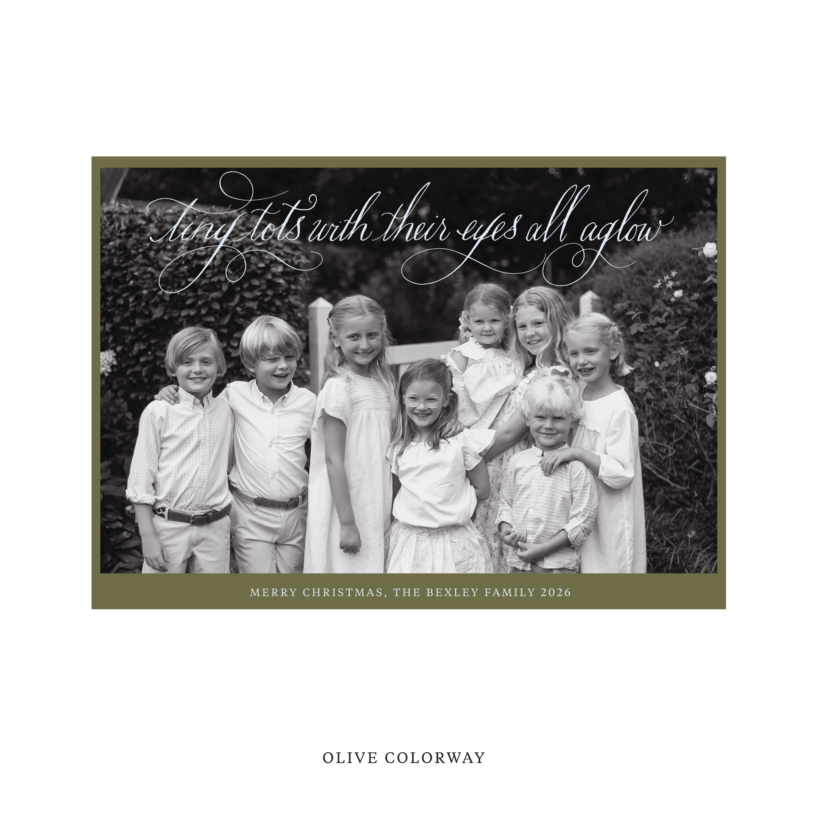 Celebrate the season with the Bexley "Tiny Tots with Their Eyes All Aglow" Holiday Card by Stovall Collection. Featuring original hand-lettered artwork, this luxury personalized photo mount holiday card is available in 22 thoughtfully curated flat printing colorways.