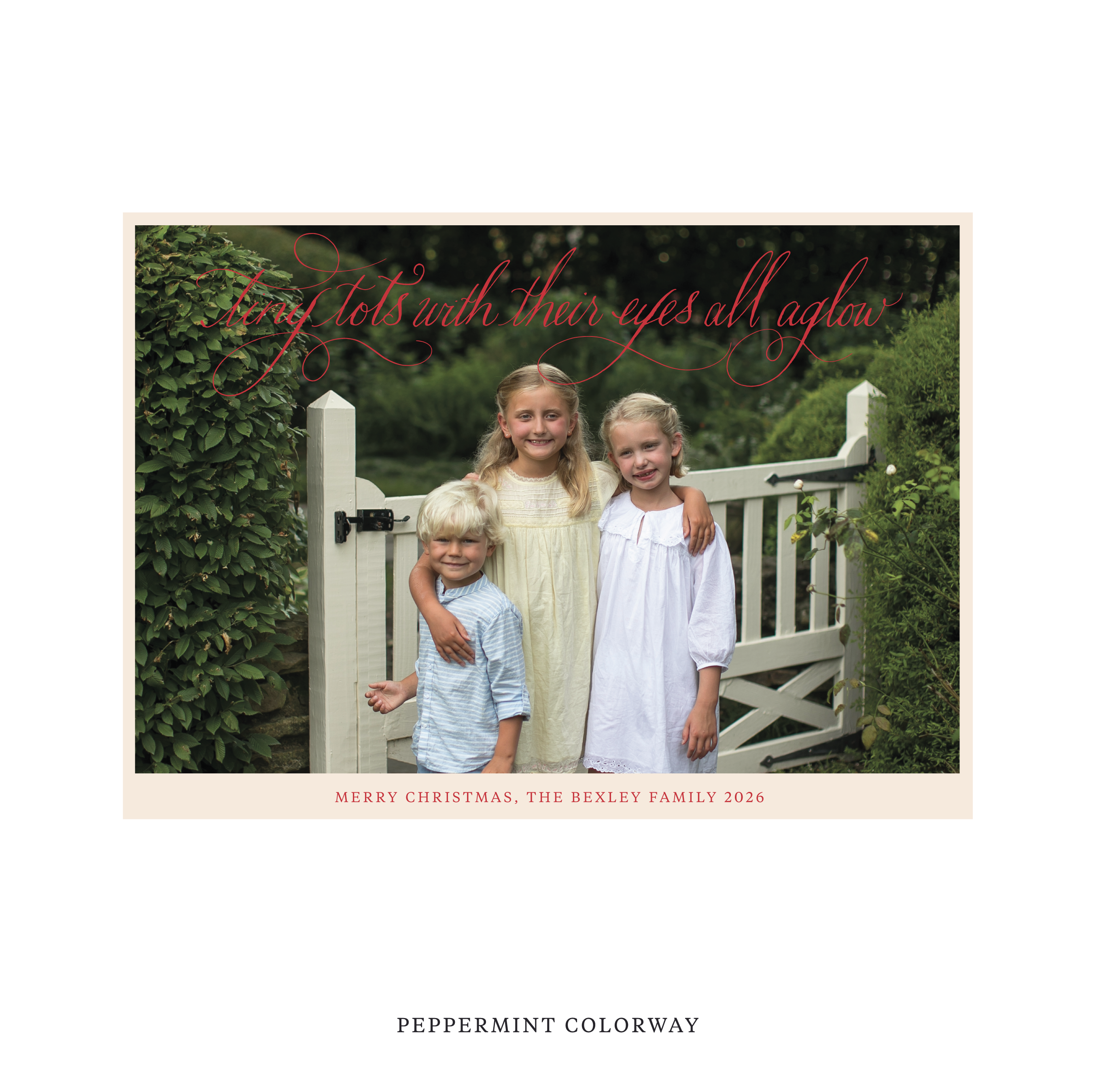 Celebrate the season with the Bexley "Tiny Tots with Their Eyes All Aglow" Holiday Card by Stovall Collection. Featuring original hand-lettered artwork, this luxury personalized photo mount holiday card is available in 22 thoughtfully curated flat printing colorways.