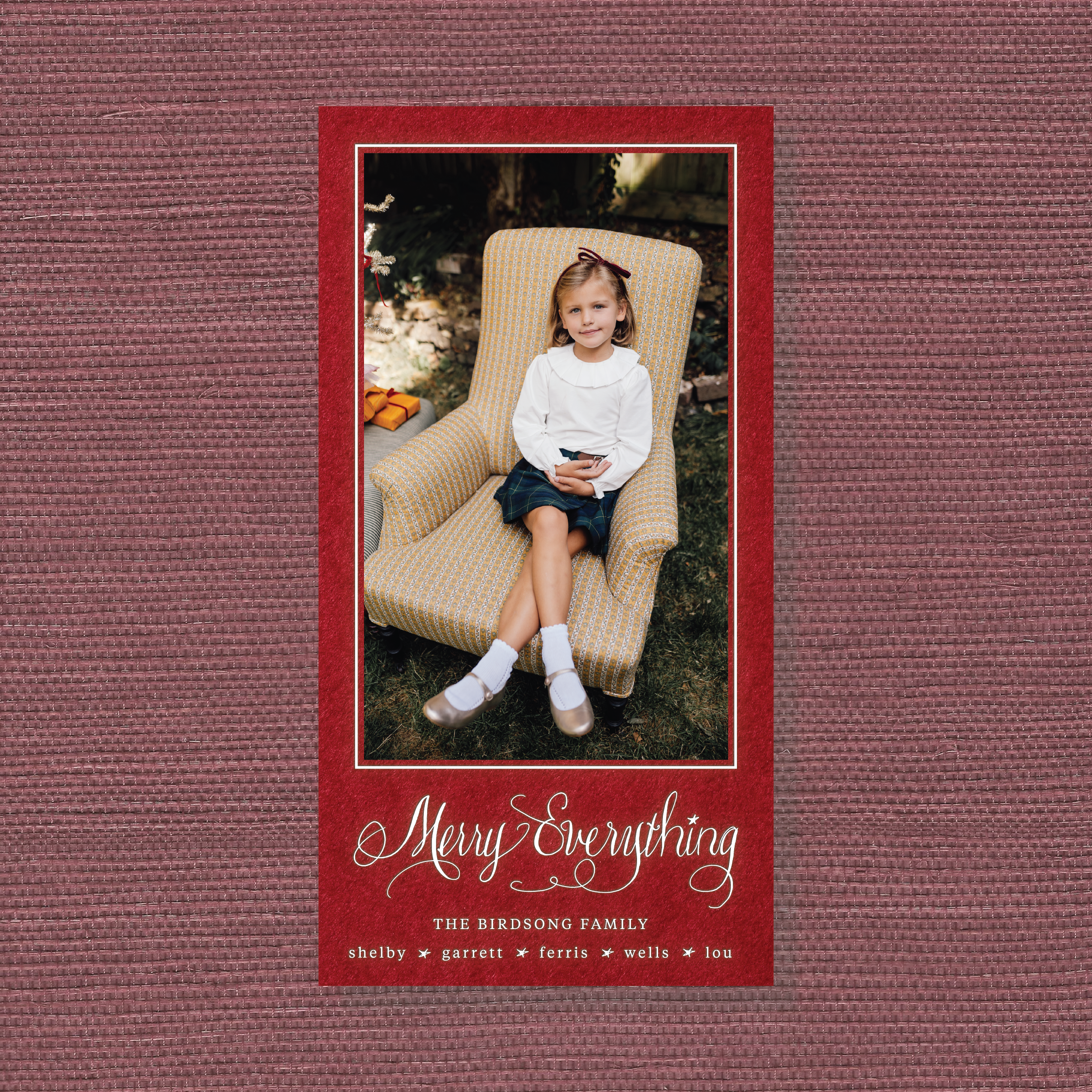 Birdsong Engraved Holiday Card featuring hand-drawn “Merry Everything” artwork, a favorite family photograph, and traditional engraved printing.