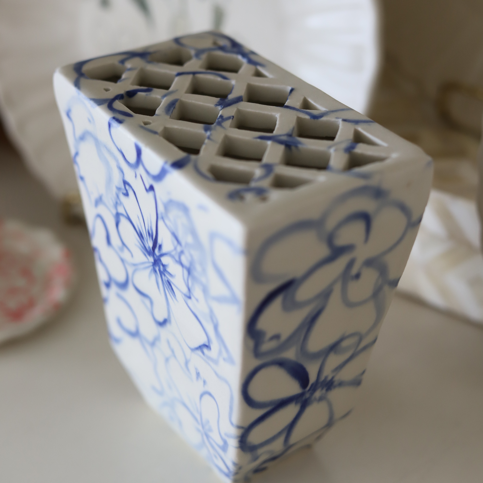 Blue Floral Trapezoid Brick Vase