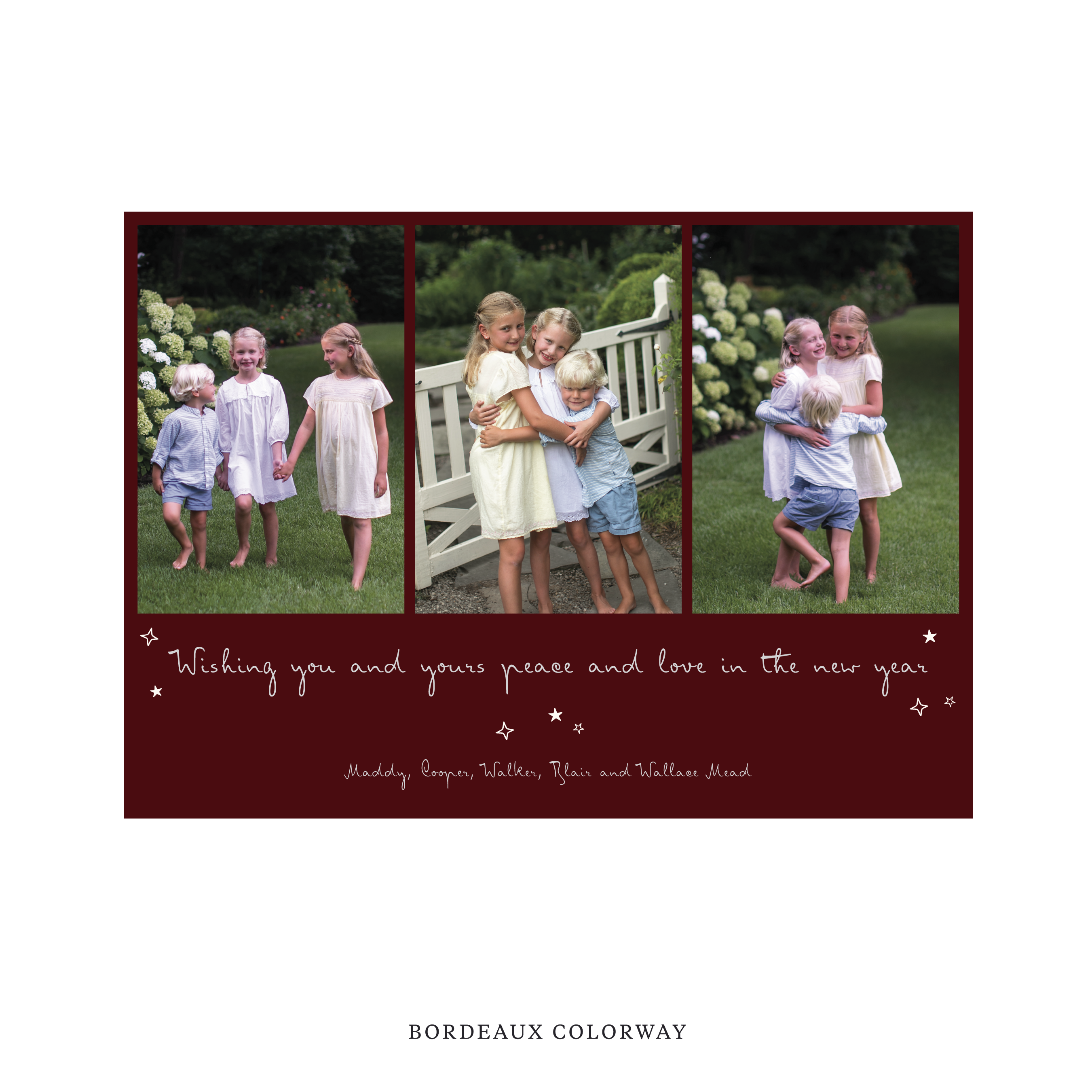Celebrate the season with the Blythe "Wishing you and yours peace and love in the New Year" Holiday Card by Stovall Collection. Featuring original hand-lettered artwork, this luxury personalized photo mount holiday card is available in 22 thoughtfully curated flat printing colorways.