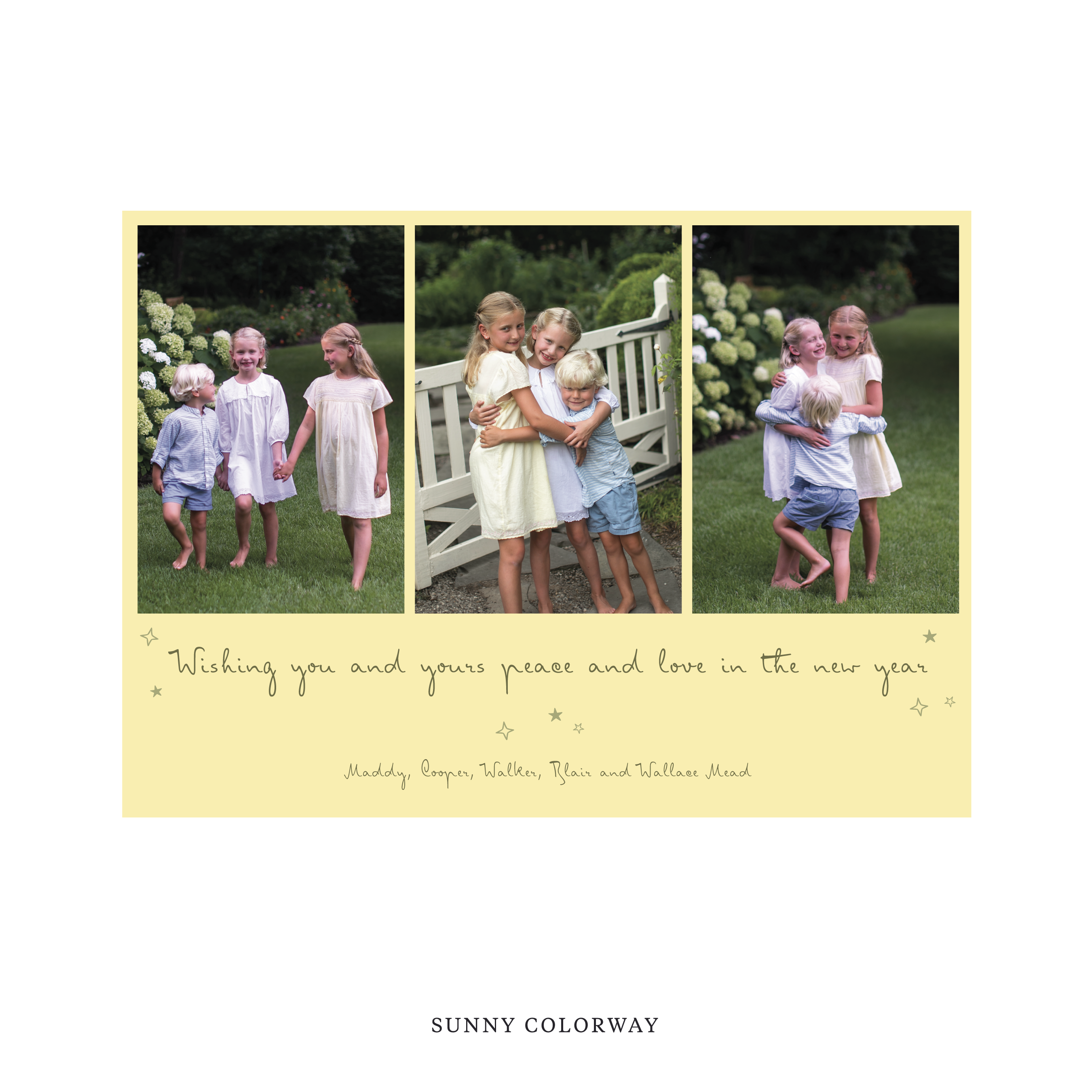 Celebrate the season with the Blythe "Wishing you and yours peace and love in the New Year" Holiday Card by Stovall Collection. Featuring original hand-lettered artwork, this luxury personalized photo mount holiday card is available in 22 thoughtfully curated flat printing colorways.