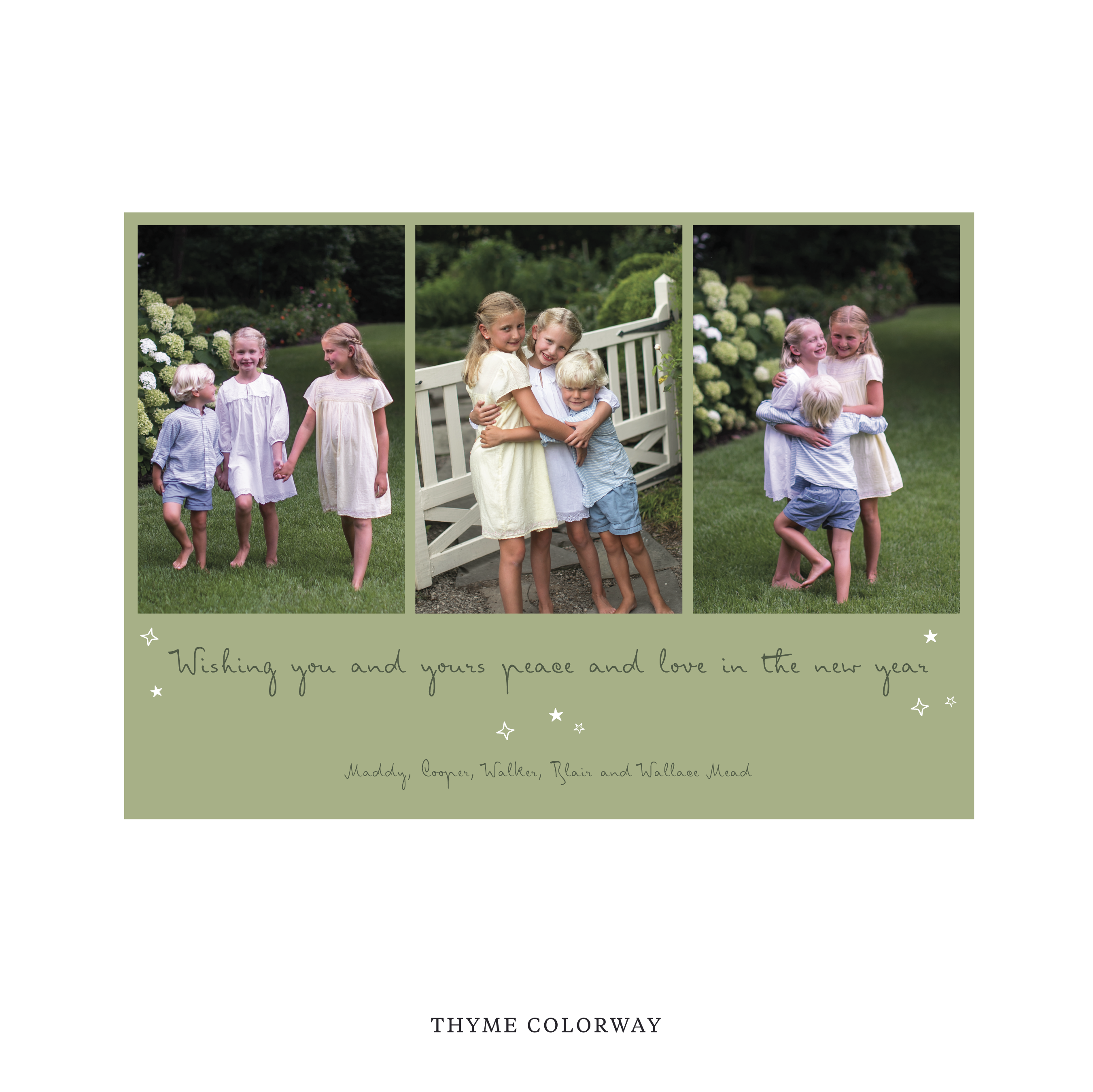 Celebrate the season with the Blythe "Wishing you and yours peace and love in the New Year" Holiday Card by Stovall Collection. Featuring original hand-lettered artwork, this luxury personalized photo mount holiday card is available in 22 thoughtfully curated flat printing colorways.