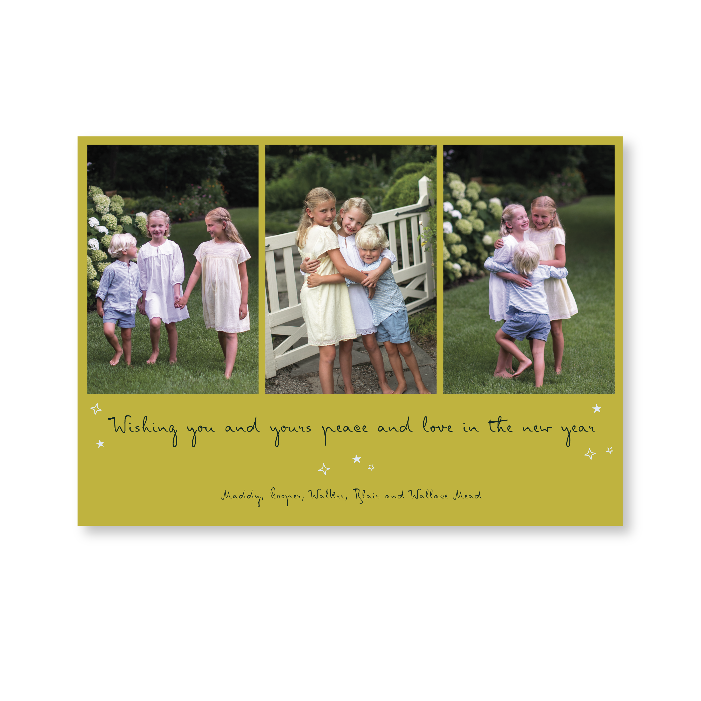 Celebrate the season with the Blythe "Wishing you and yours peace and love in the New Year" Holiday Card by Stovall Collection. Featuring original hand-lettered artwork, this luxury personalized photo mount holiday card is available in 22 thoughtfully curated flat printing colorways.