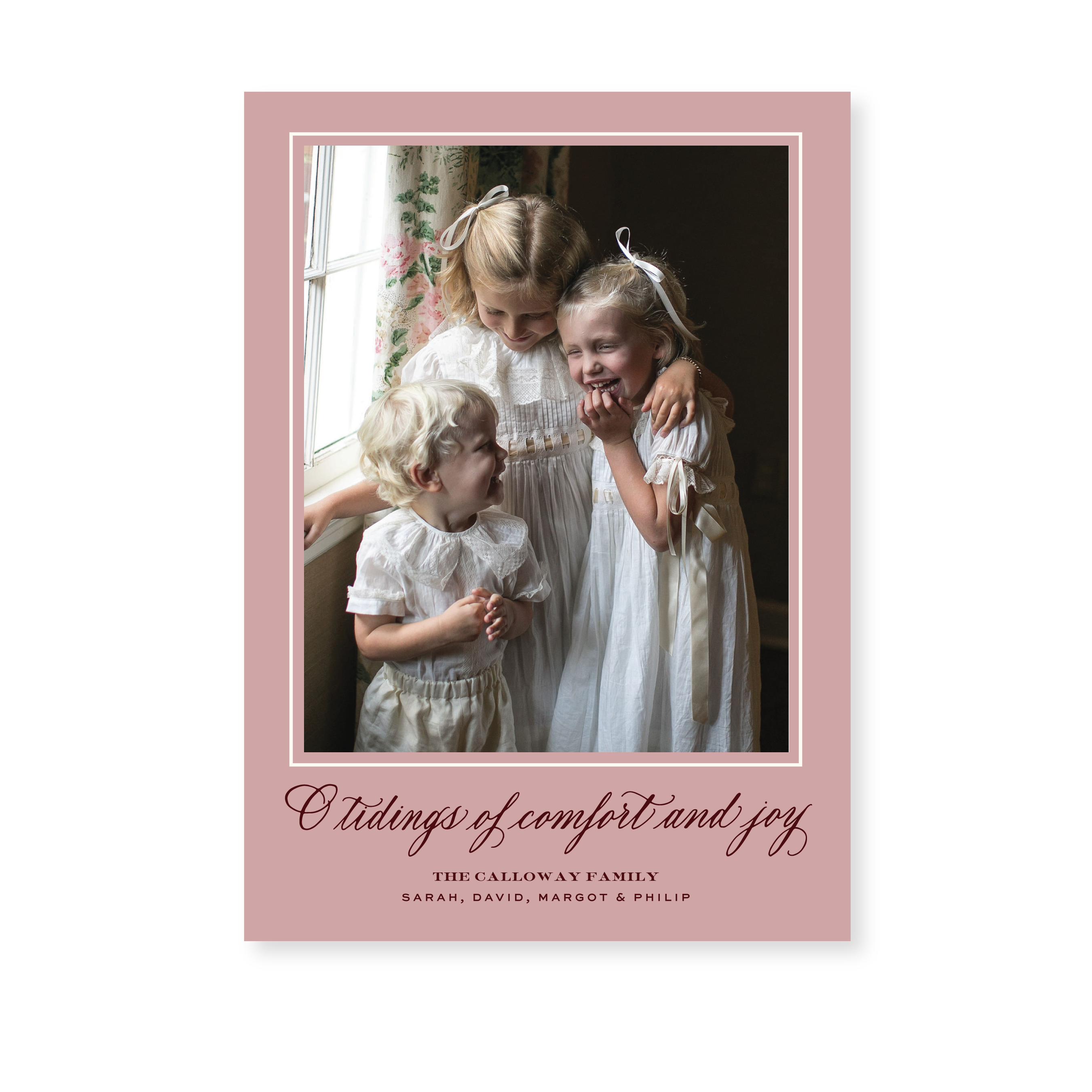 Calloway Classic Flat Print Tidings of Comfort and Joy photo mount holiday card featuring elegant hand-lettered artwork by Stovall Collection.
