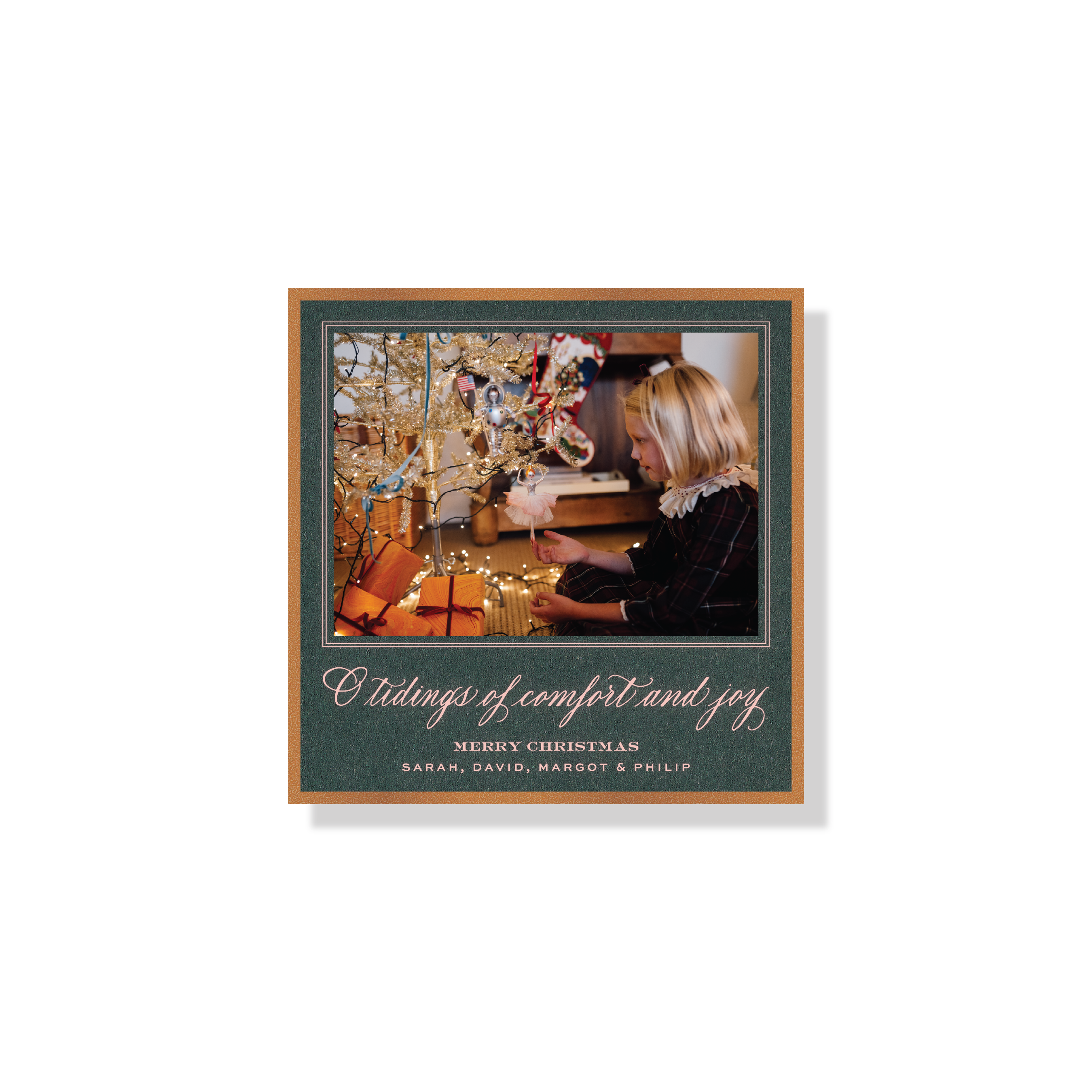 Calloway Engraved Christmas Photo Card with elegant calligraphy, a personalized family photo, and crisp, raised engraved details.