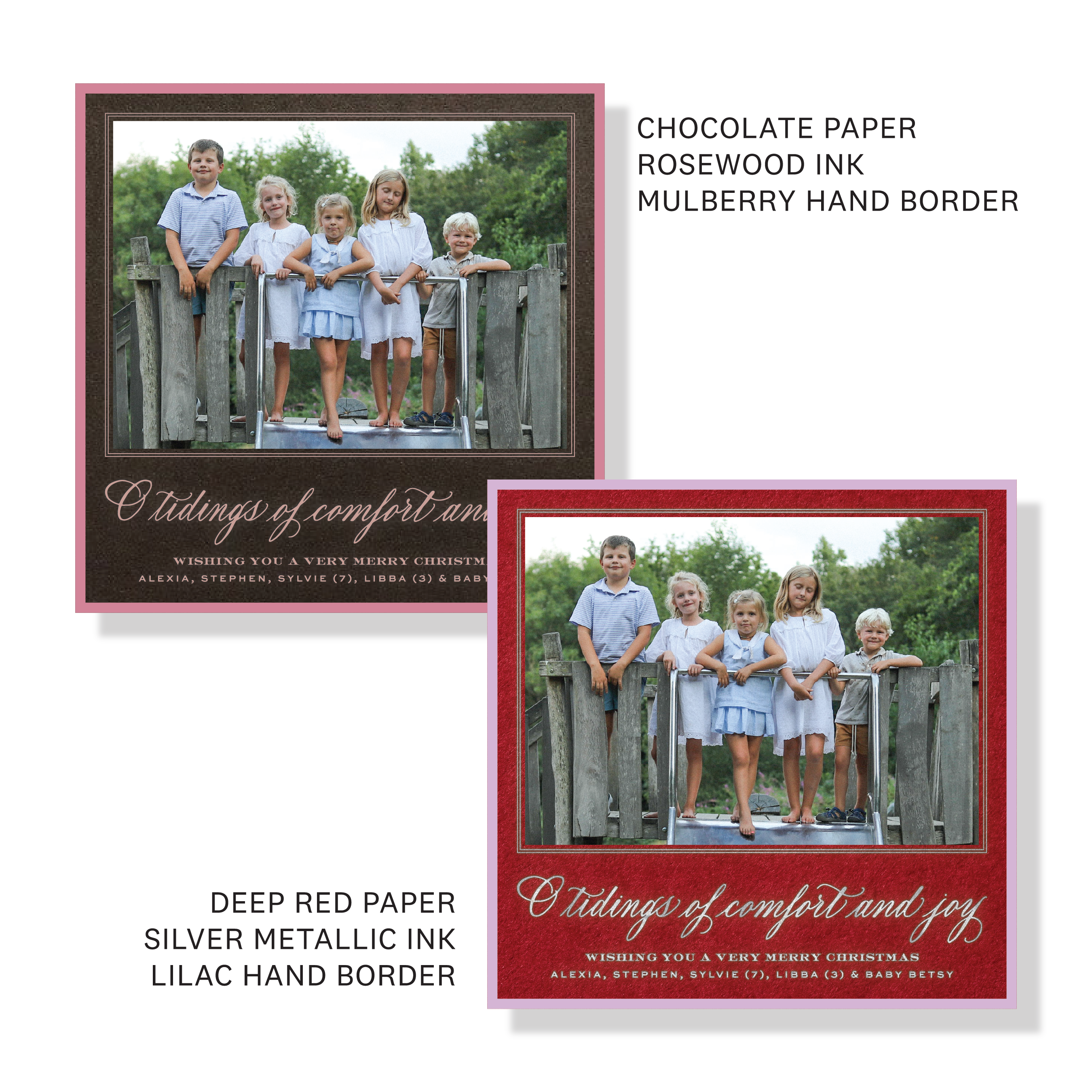 Calloway Engraved Holiday Card featuring hand-lettered “Tidings of Comfort and Joy” artwork, a favorite family photograph, and traditional engraving.