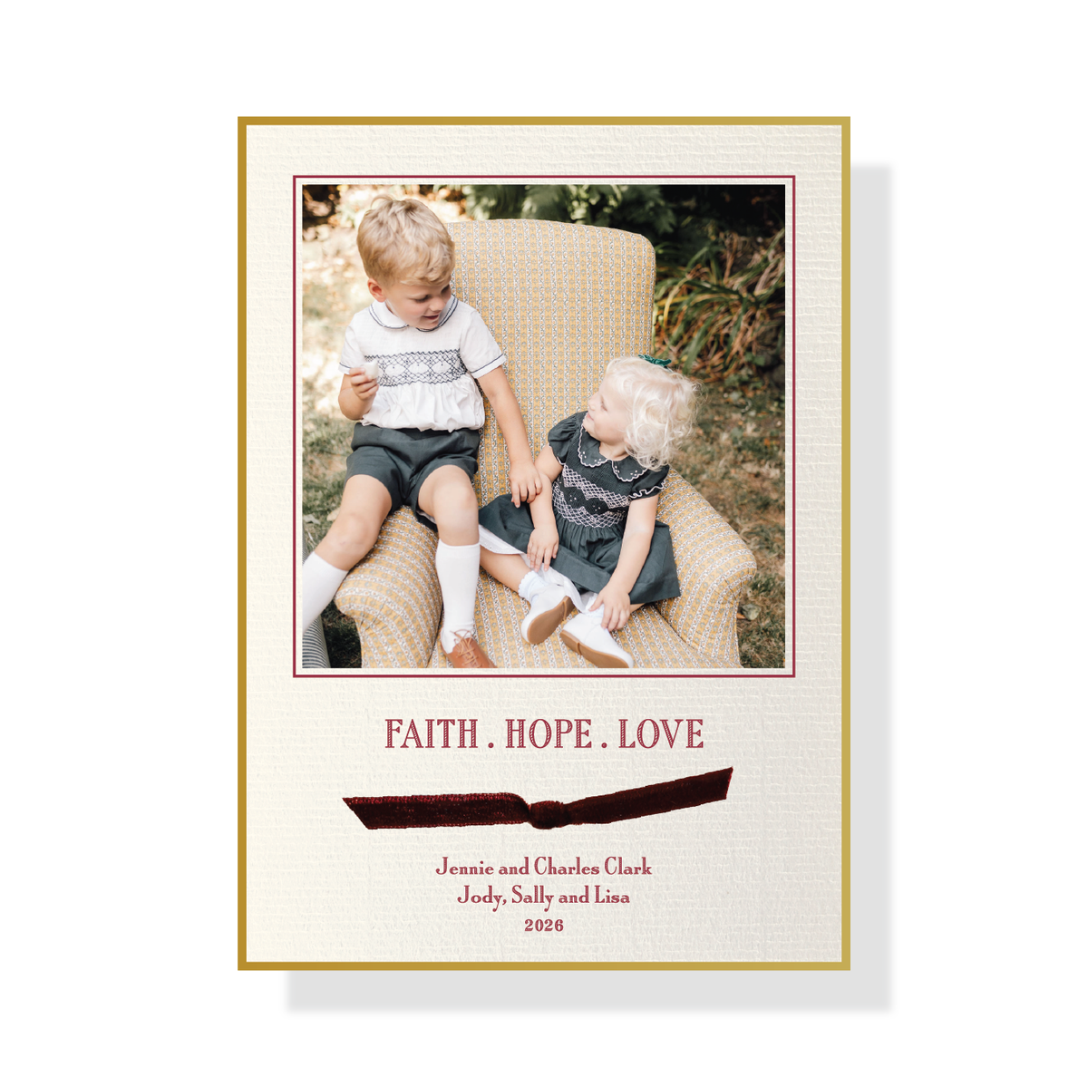 Cambridge Velvet Ribbon Classic Print Holiday Card with mounted family photo, red typography and burgundy velvet ribbon