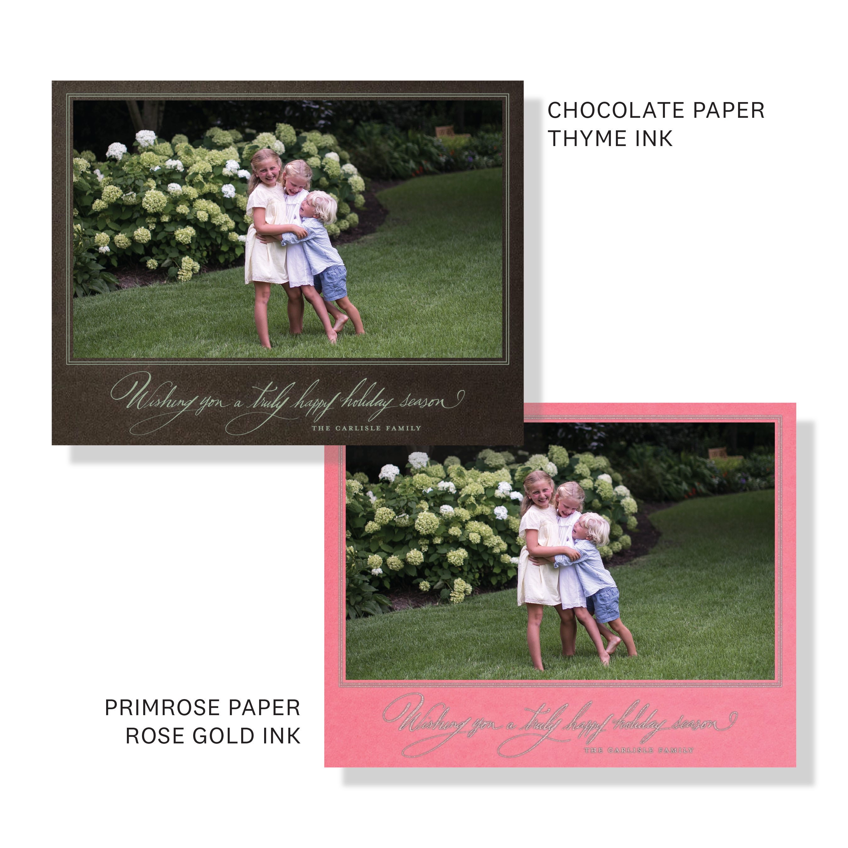 Carlisle Engraved Christmas Photo Card with elegant hand-lettered calligraphy, a personalized family photo, and crisp, raised engraved details.