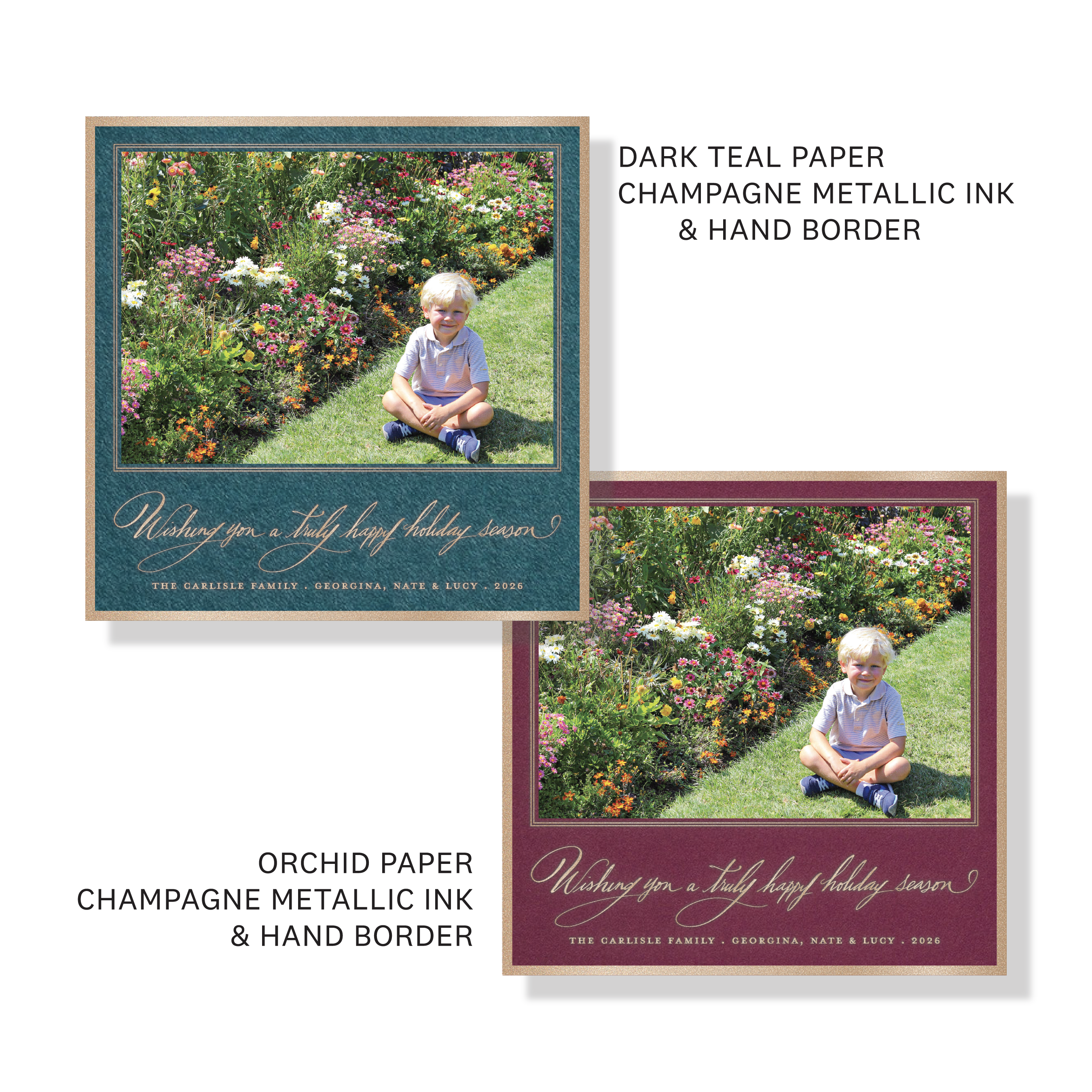 Carlisle Engraved Holiday Card featuring hand-lettered “Wishing you a truly happy holiday season” artwork, a favorite family photograph, and traditional engraving.