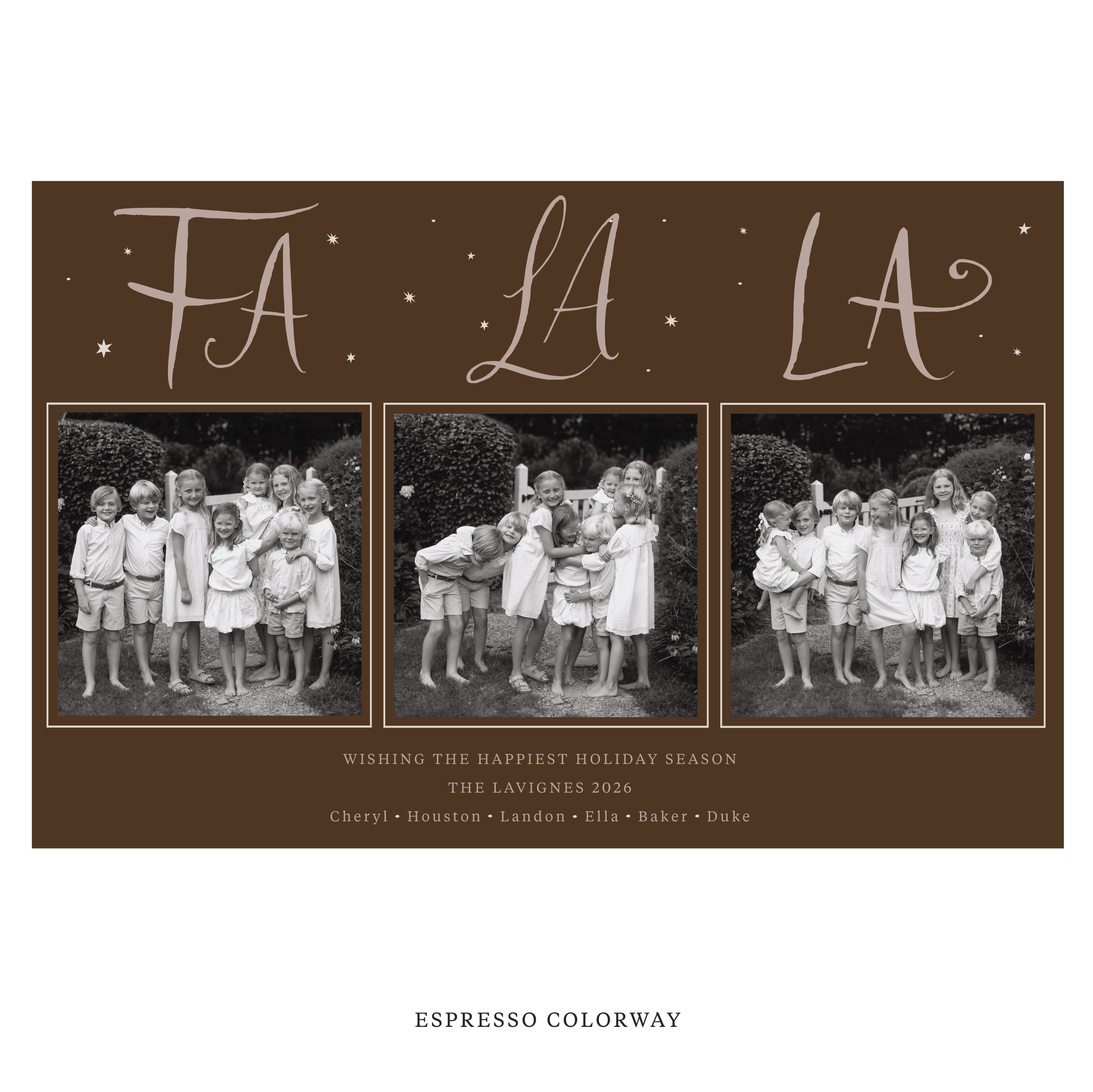 Celebrate the season with the Chadwick "Fa La La" Holiday Card by Stovall Collection. Featuring original hand-lettered artwork, this luxury personalized photo mount holiday card is available in 22 thoughtfully curated flat printing colorways.