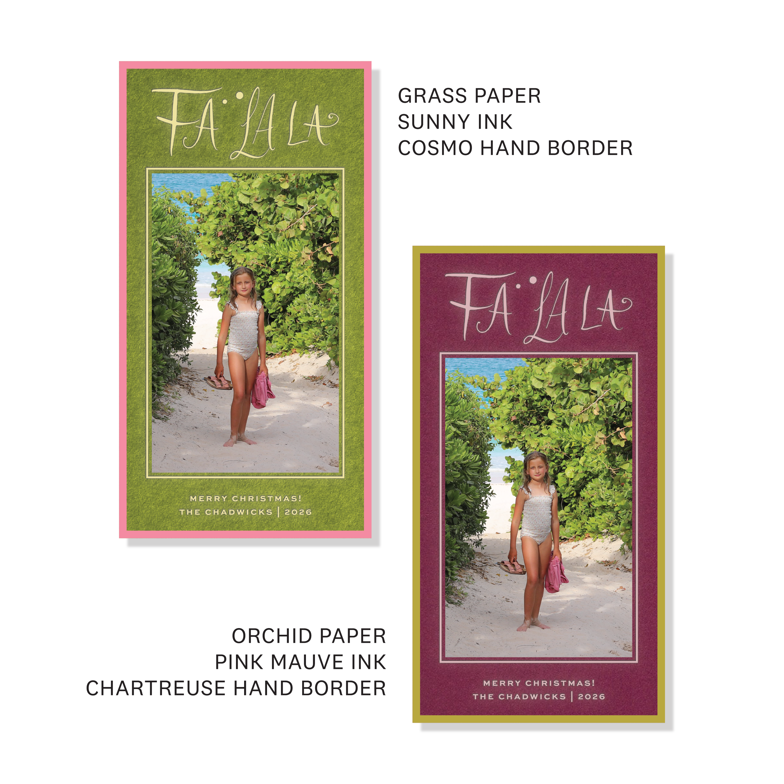 Chadwick Engraved Photo Christmas Card featuring a vertical family photograph, playful “Fa La La” lettering, personalized wording, and traditional engraving.