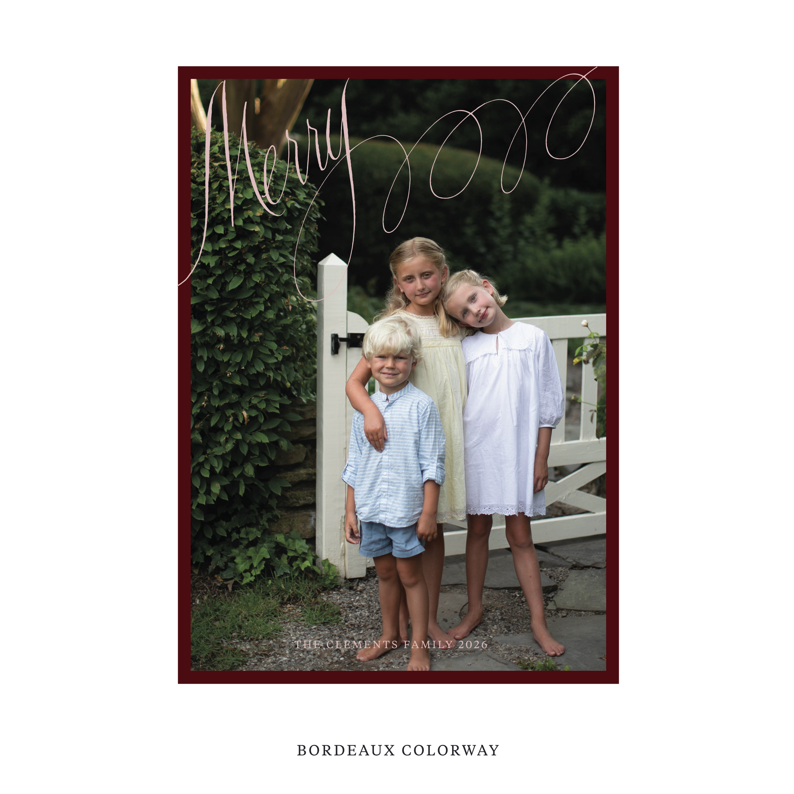 Celebrate the season with the Clement "Merry" Holiday Card by Stovall Collection. Featuring original hand-lettered artwork, this luxury personalized photo mount holiday card is available in 22 thoughtfully curated flat printing colorways.