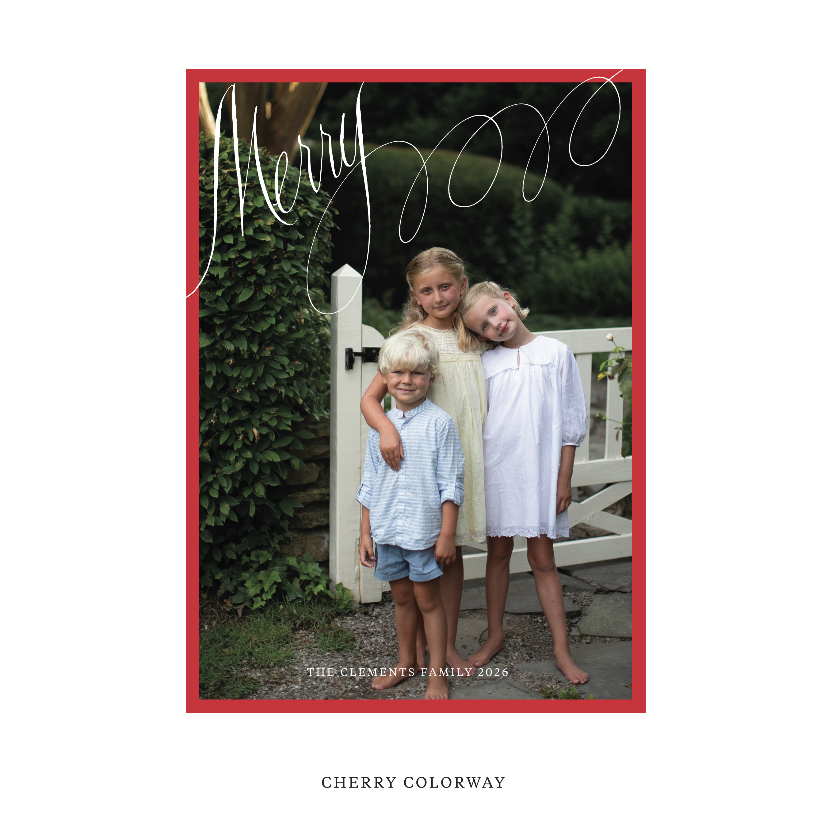 Celebrate the season with the Clement "Merry" Holiday Card by Stovall Collection. Featuring original hand-lettered artwork, this luxury personalized photo mount holiday card is available in 22 thoughtfully curated flat printing colorways.
