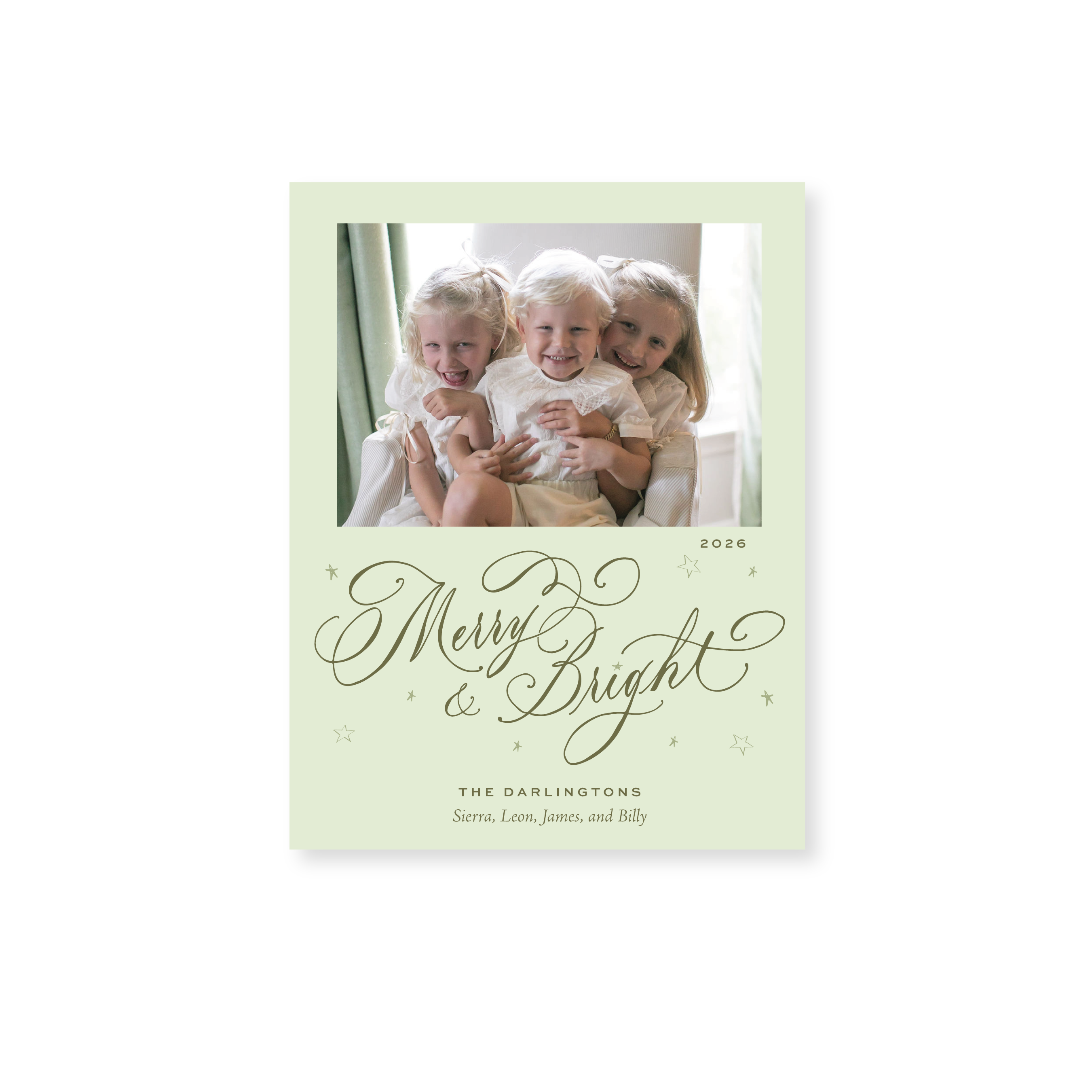 Ellington Classic Flat Print Merry & Bright photo mount holiday card featuring elegant hand-lettered artwork by Stovall Collection.