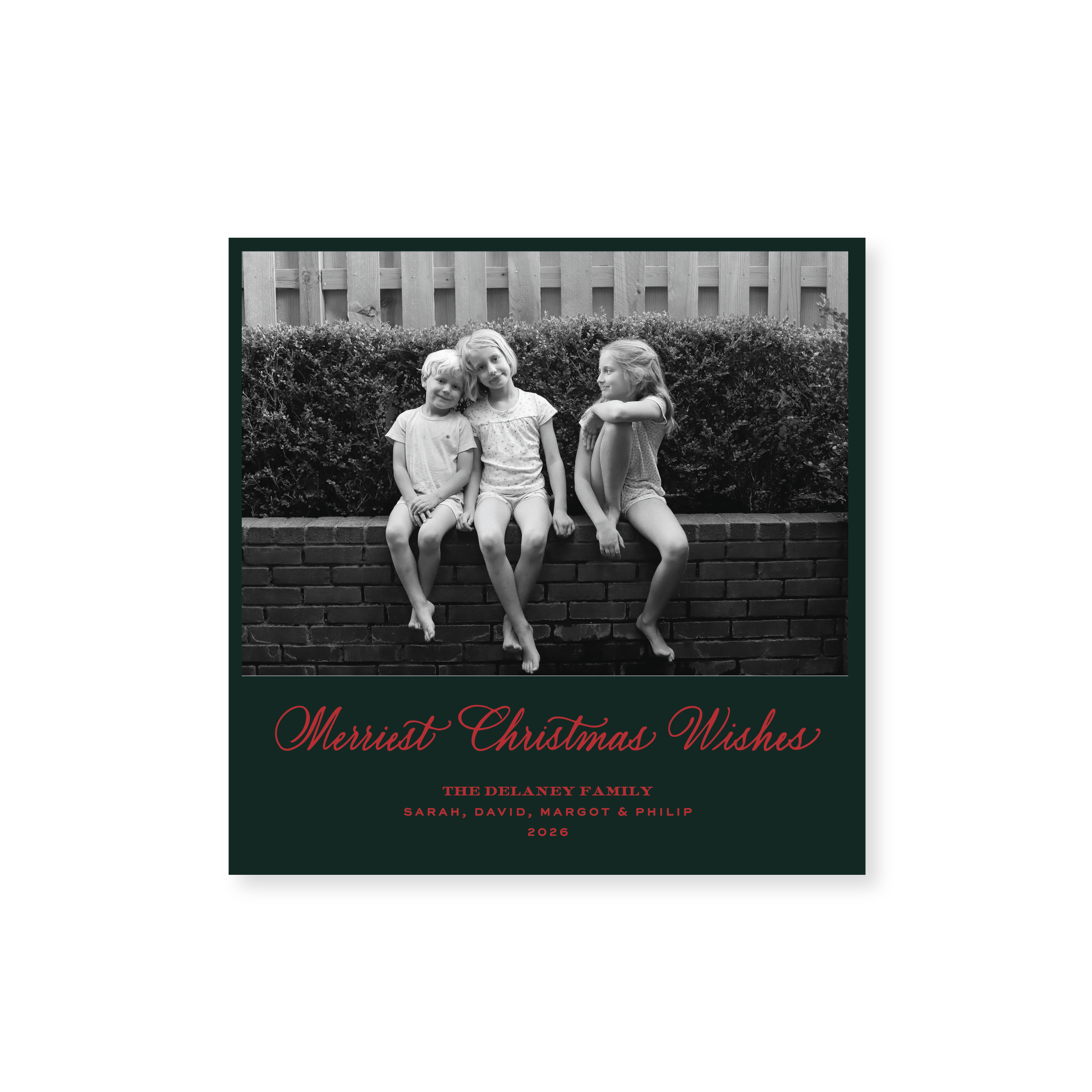 Goodwin Classic Flat Print Merriest Christmas Wishes photo mount holiday card featuring elegant hand-lettered artwork by Stovall Collection.