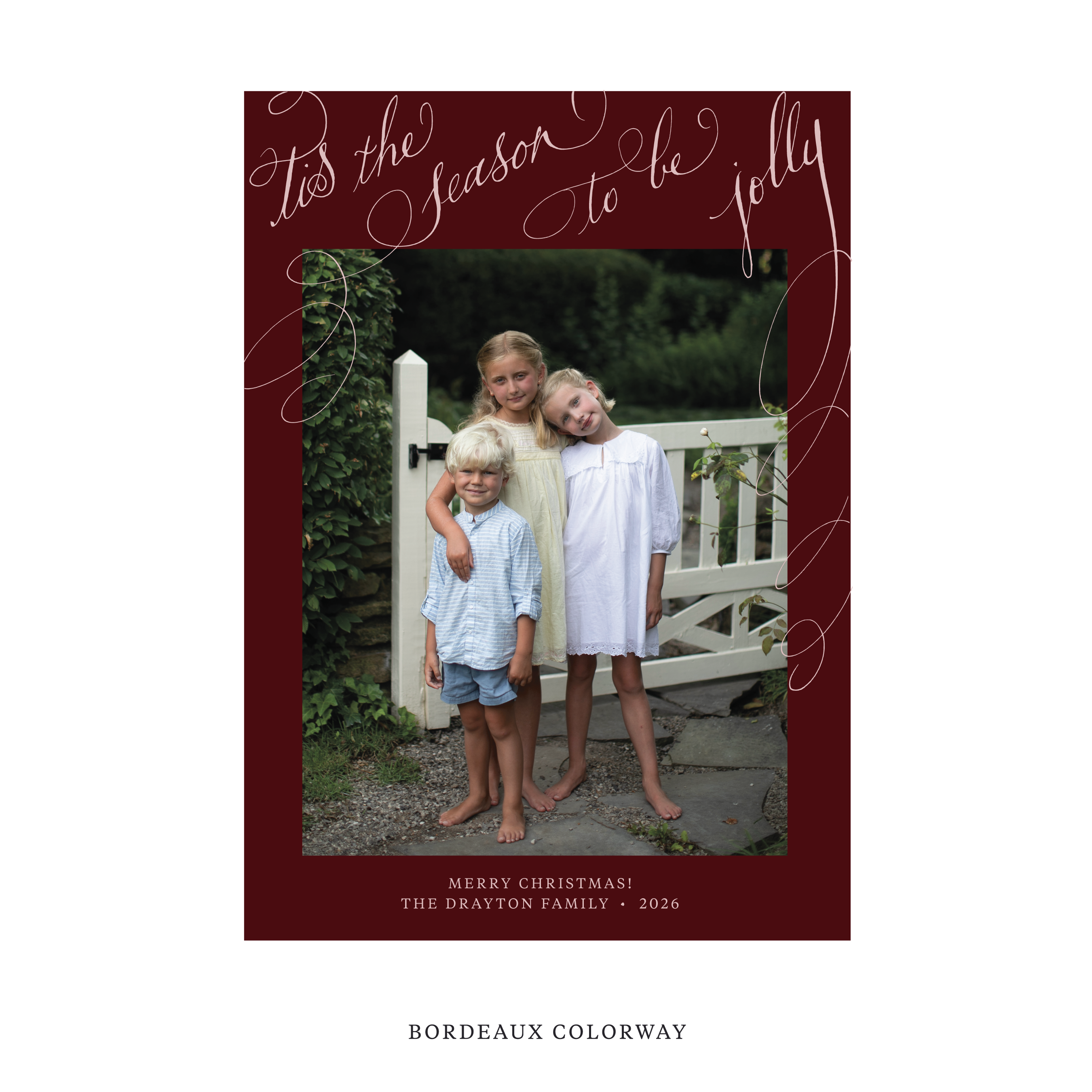 Celebrate the season with the Drayton "Tis the Season to be Jolly" Holiday Card by Stovall Collection. Featuring original hand-lettered artwork, this luxury personalized photo mount holiday card is available in 22 thoughtfully curated flat printing colorways.