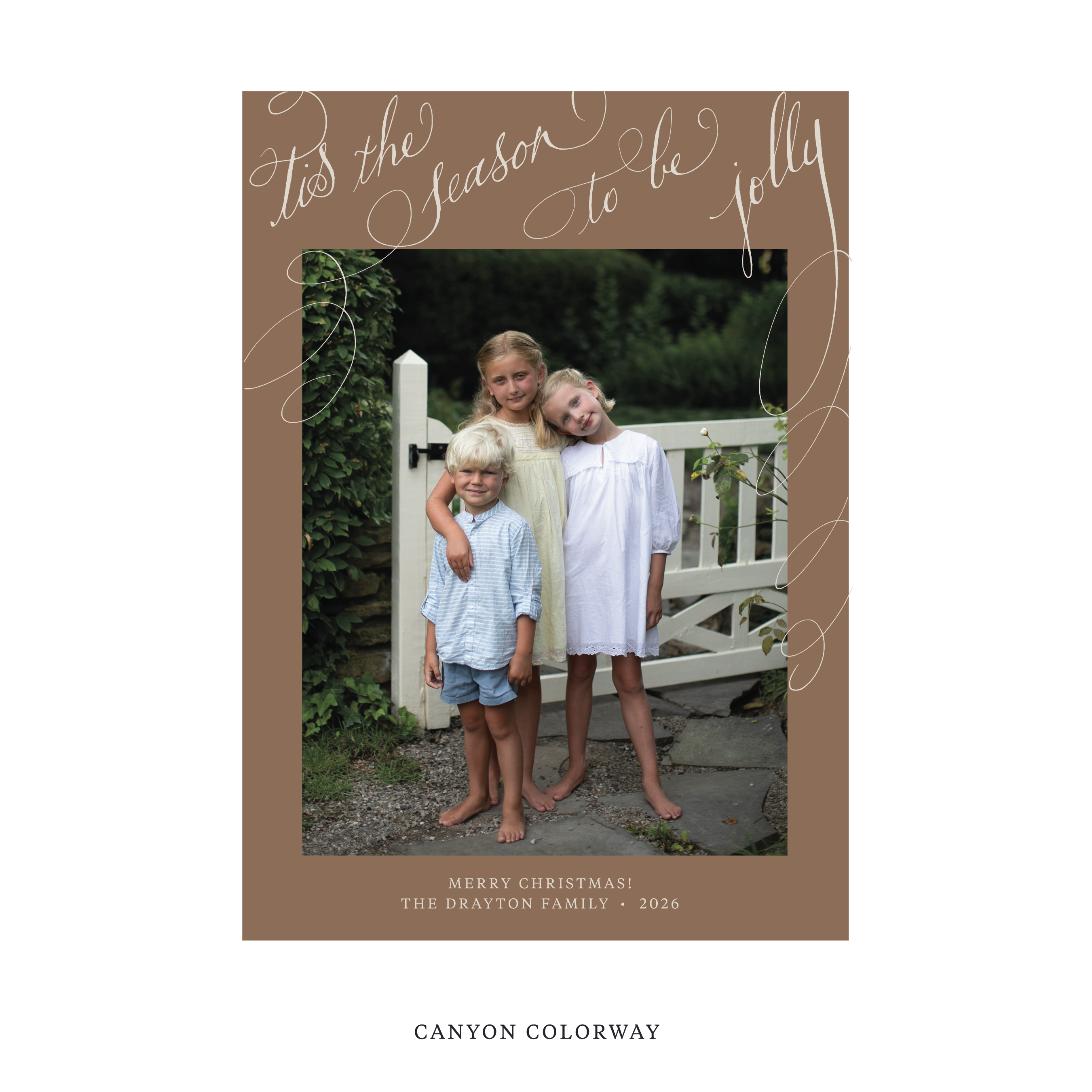 Celebrate the season with the Drayton "Tis the Season to be Jolly" Holiday Card by Stovall Collection. Featuring original hand-lettered artwork, this luxury personalized photo mount holiday card is available in 22 thoughtfully curated flat printing colorways.