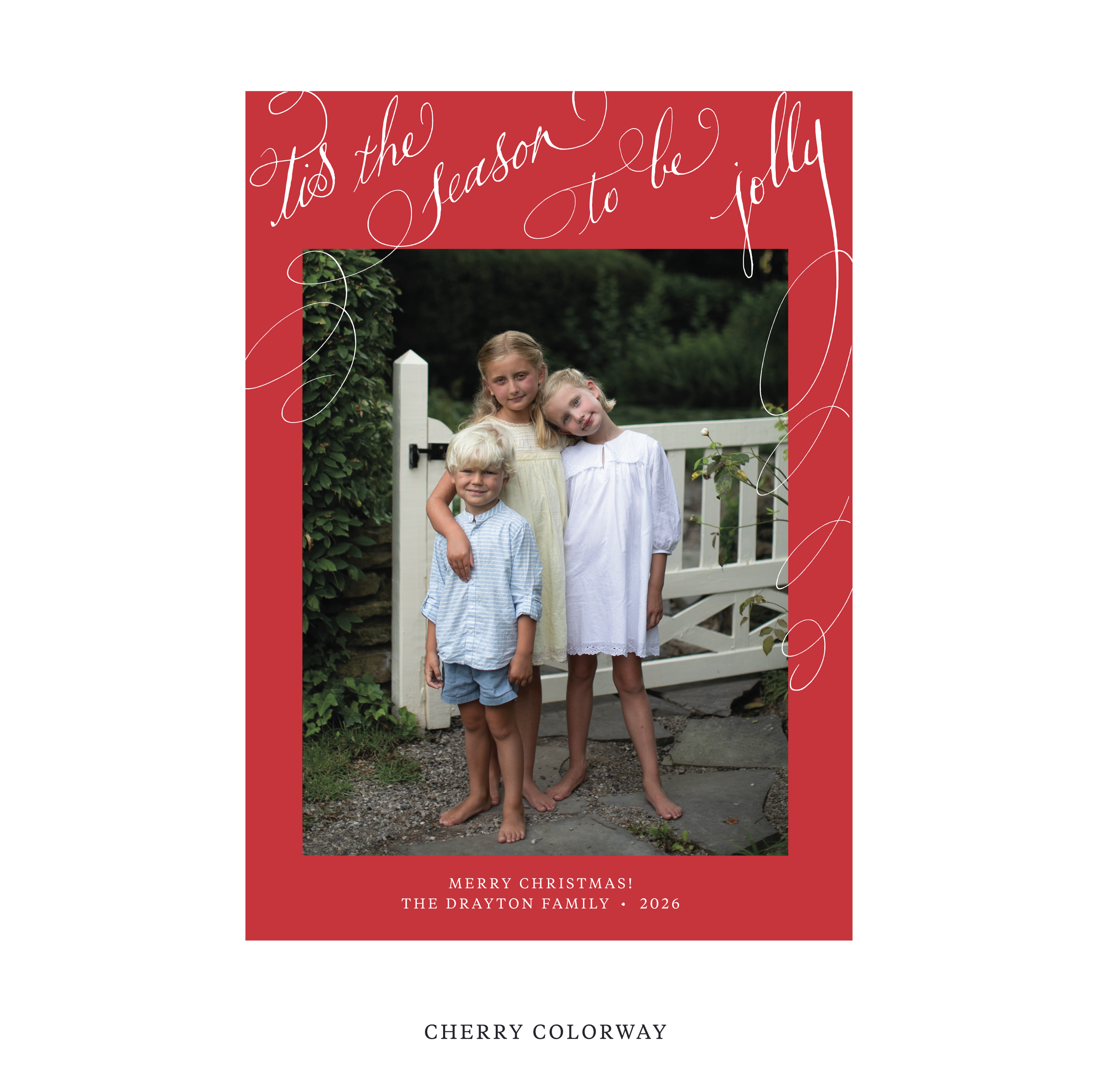 Celebrate the season with the Drayton "Tis the Season to be Jolly" Holiday Card by Stovall Collection. Featuring original hand-lettered artwork, this luxury personalized photo mount holiday card is available in 22 thoughtfully curated flat printing colorways.