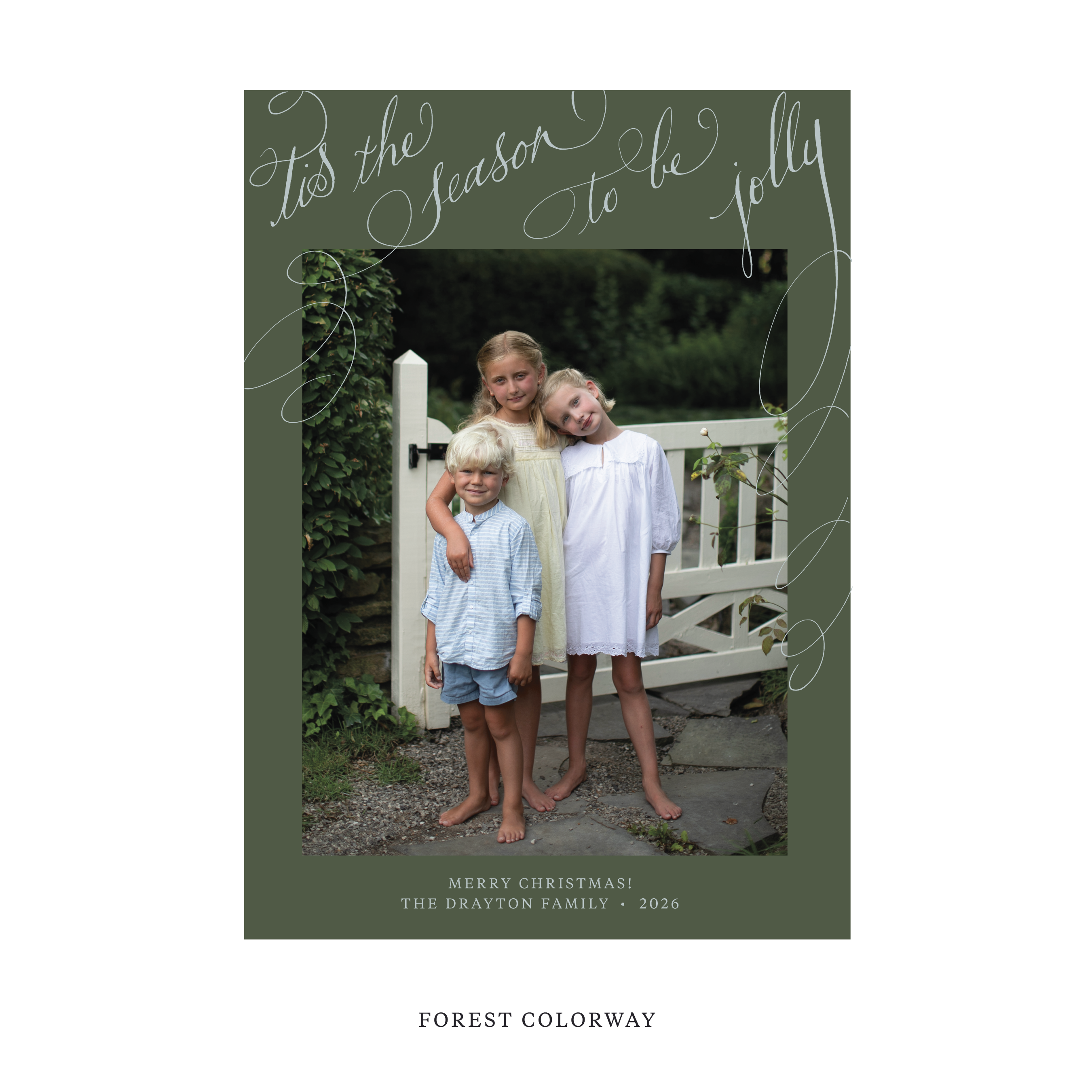 Celebrate the season with the Drayton "Tis the Season to be Jolly" Holiday Card by Stovall Collection. Featuring original hand-lettered artwork, this luxury personalized photo mount holiday card is available in 22 thoughtfully curated flat printing colorways.