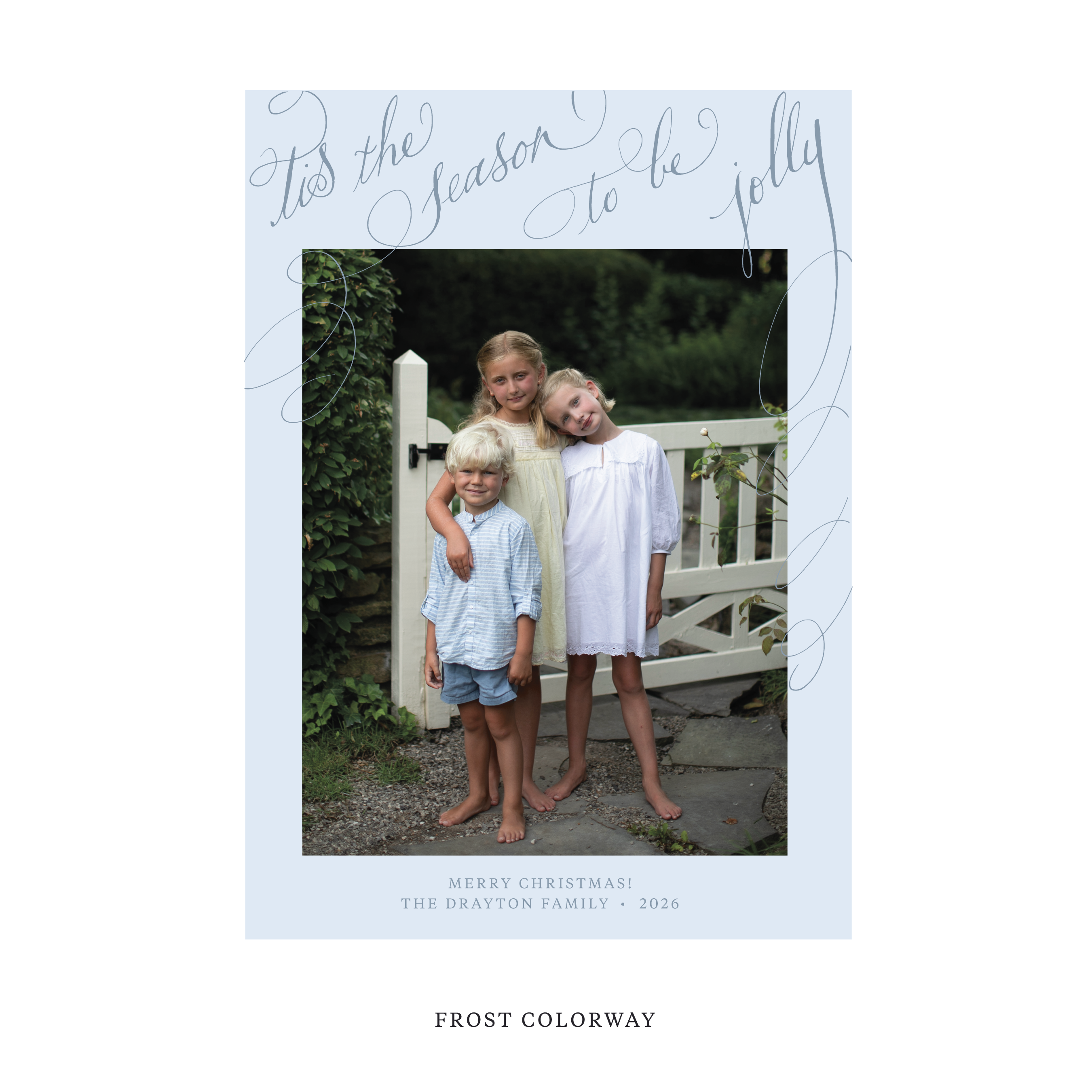 Celebrate the season with the Drayton "Tis the Season to be Jolly" Holiday Card by Stovall Collection. Featuring original hand-lettered artwork, this luxury personalized photo mount holiday card is available in 22 thoughtfully curated flat printing colorways.