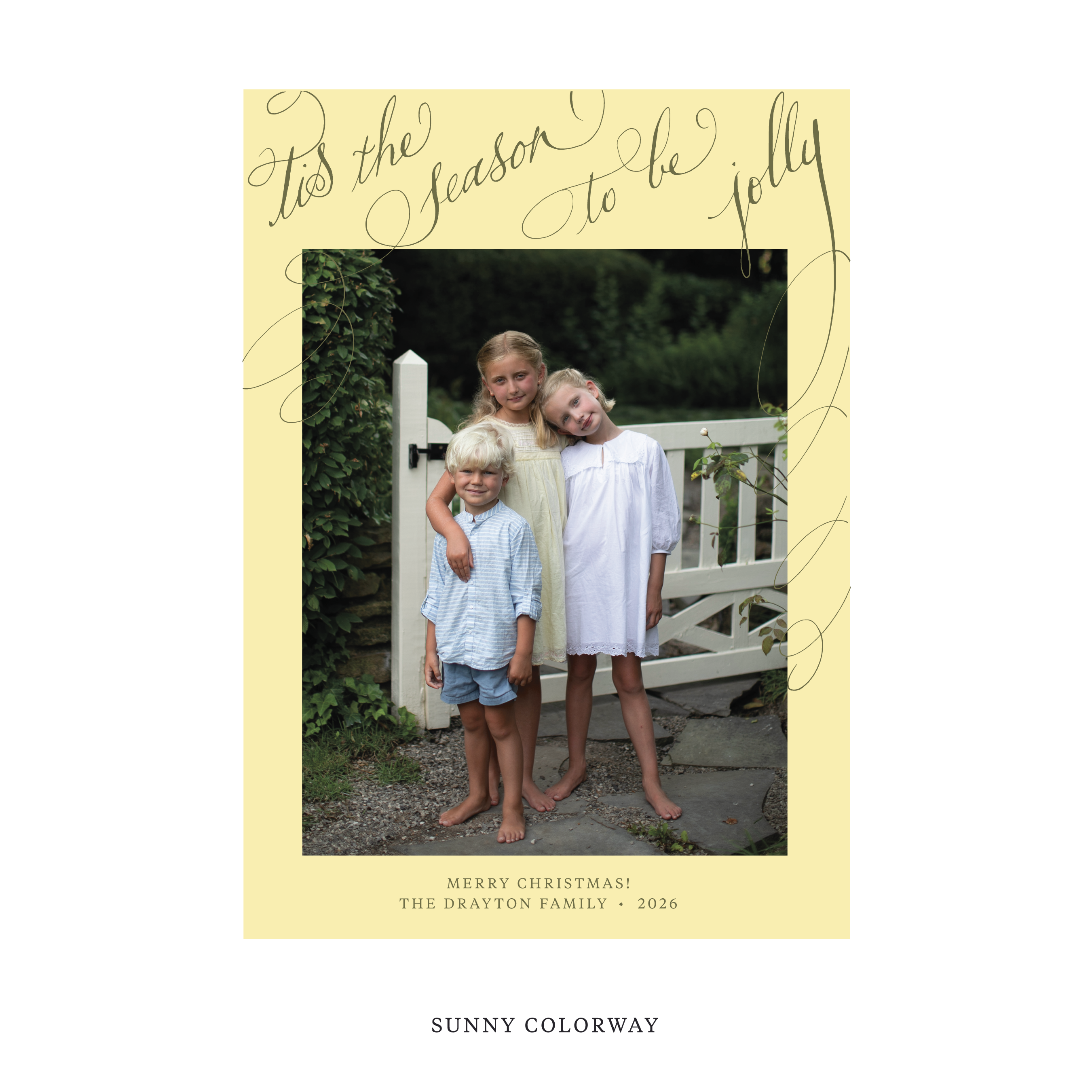 Celebrate the season with the Drayton "Tis the Season to be Jolly" Holiday Card by Stovall Collection. Featuring original hand-lettered artwork, this luxury personalized photo mount holiday card is available in 22 thoughtfully curated flat printing colorways.