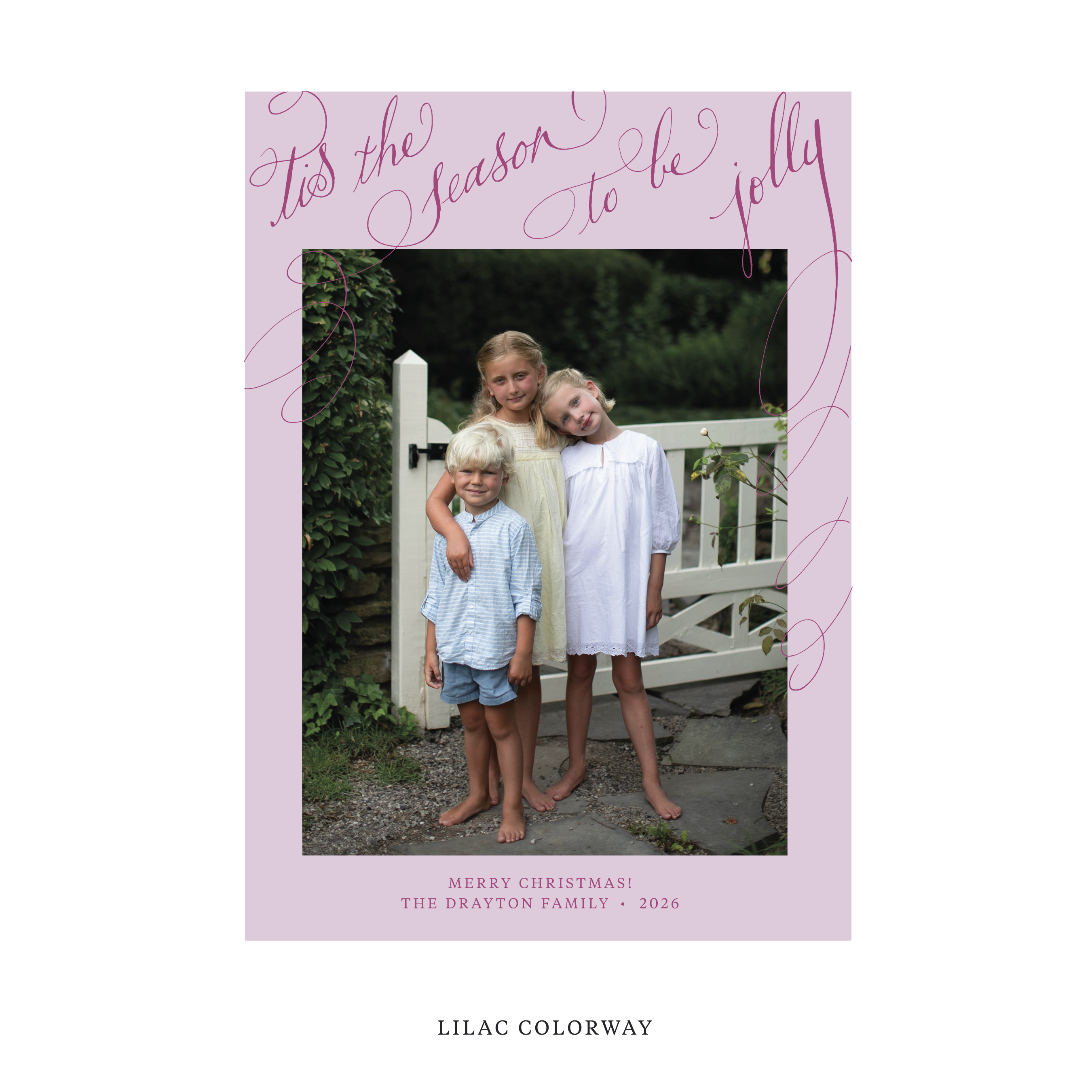 Celebrate the season with the Drayton "Tis the Season to be Jolly" Holiday Card by Stovall Collection. Featuring original hand-lettered artwork, this luxury personalized photo mount holiday card is available in 22 thoughtfully curated flat printing colorways.