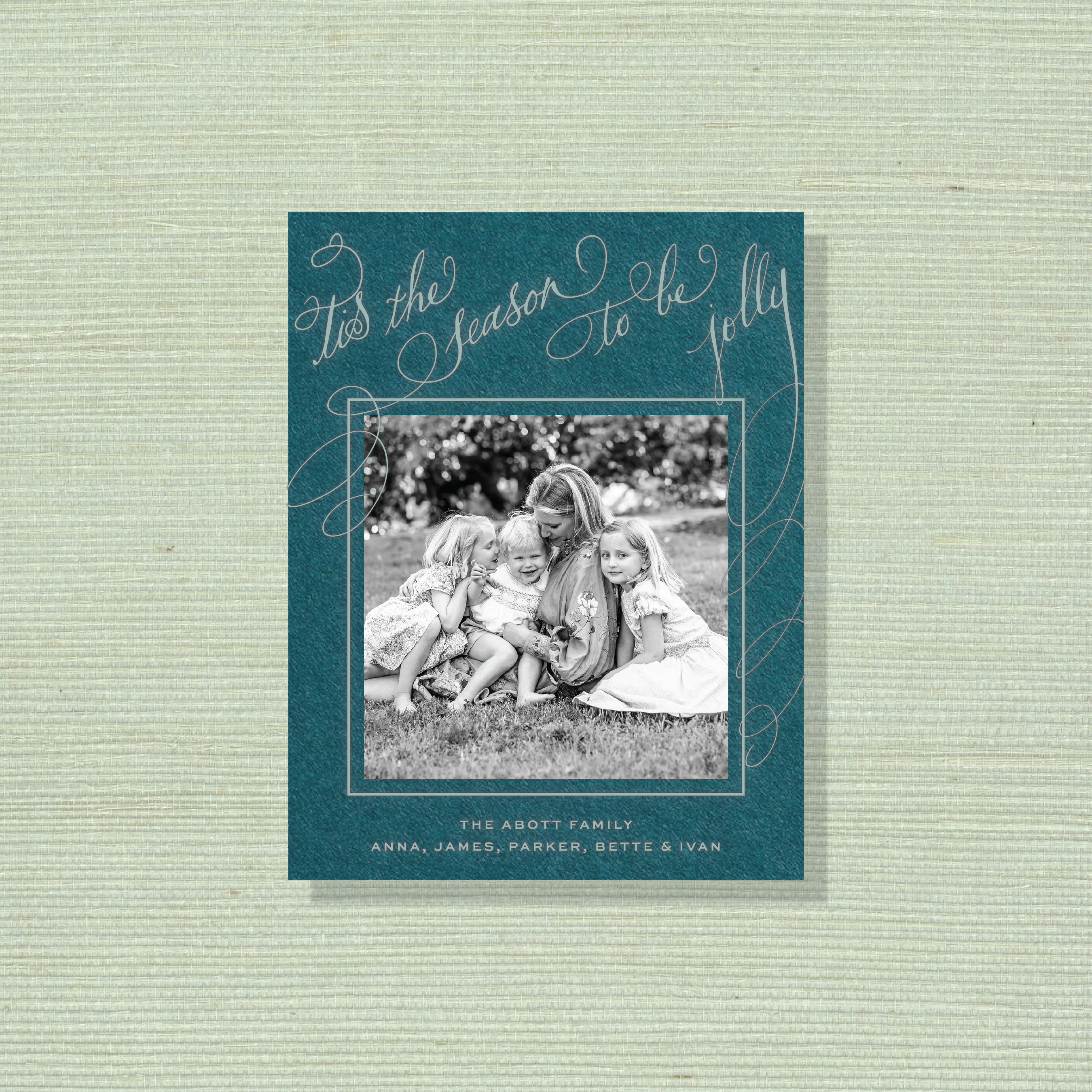 Drayton Engraved Holiday Card featuring hand-lettered “Tis the season to be jolly” calligraphy, a favorite family photograph, and traditional engraving.